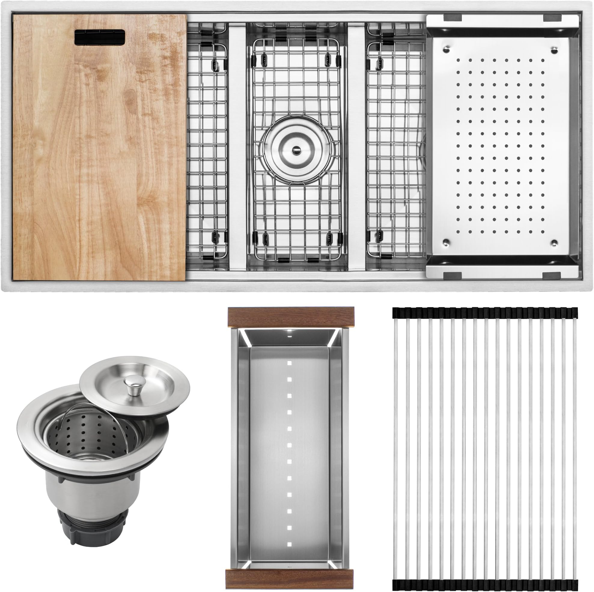 37-1/2" Ticor TR1900 Bradford Series 16-Gauge Undermount Triple Bowl Low-Divide Stainless Steel Zero Radius Square Kitchen Sink with Accessories