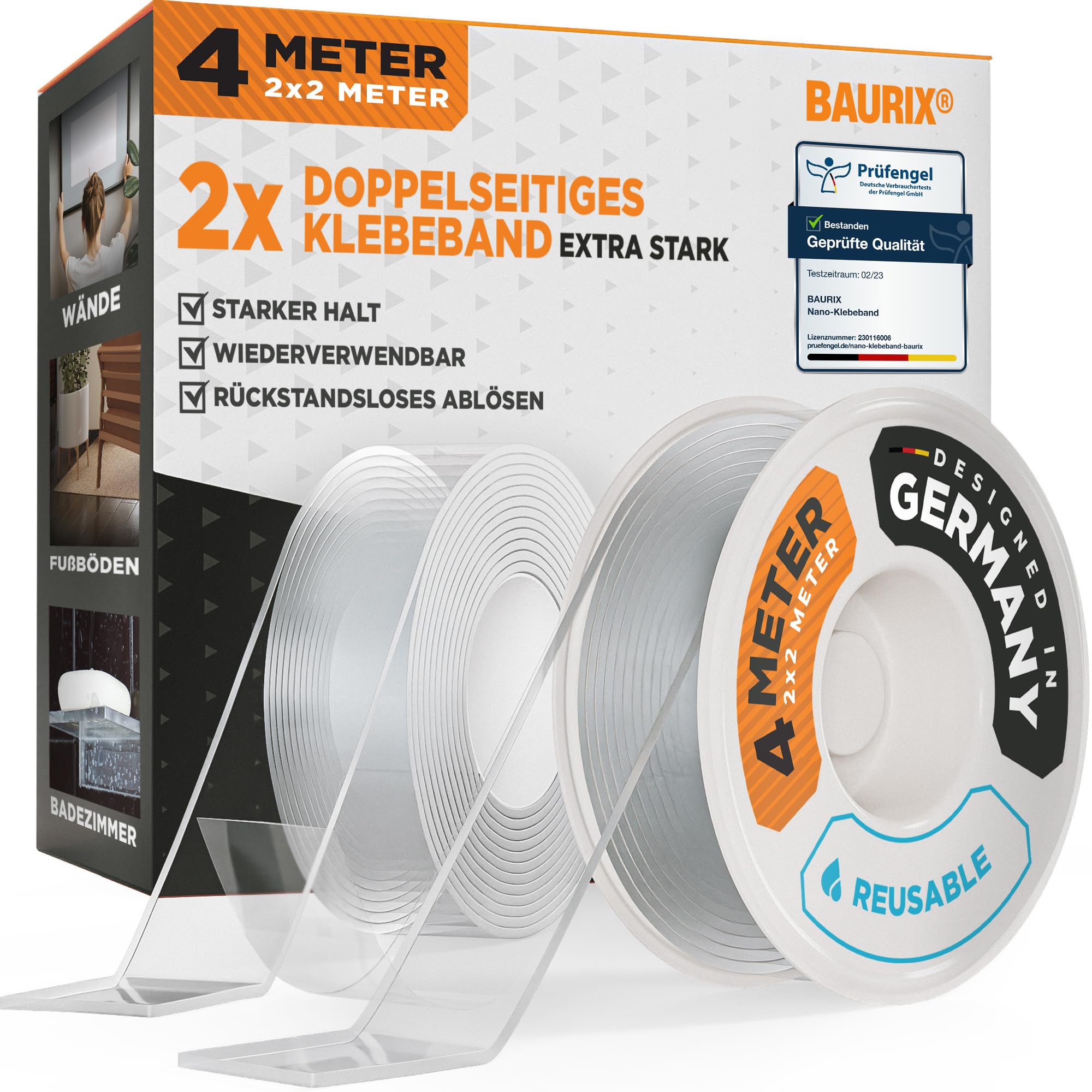 BAURIX® Taśma dwustronna nano 2x 2 m – przezroczysta, super mocna