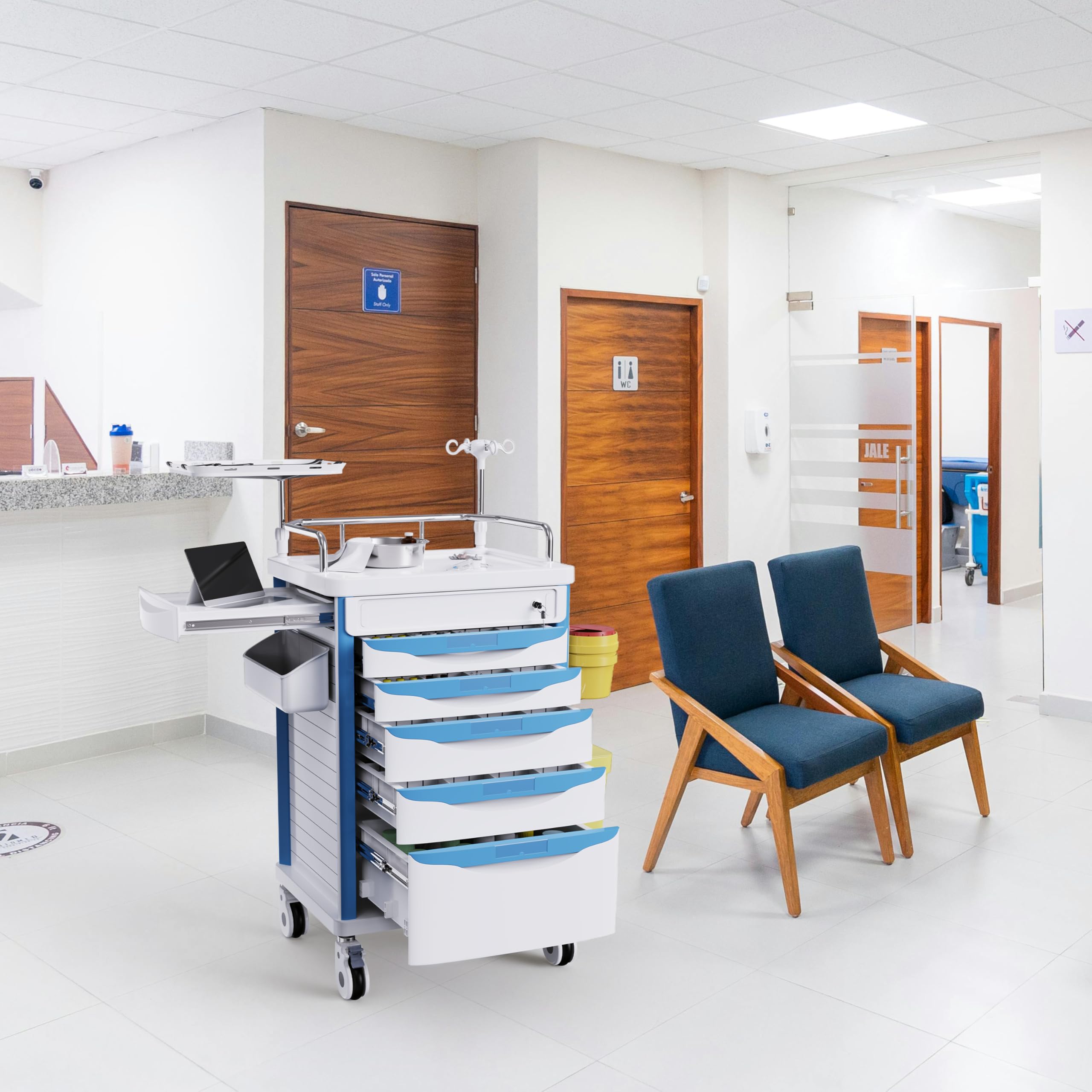 Medizinischer Rollwagen mit Rädern – verstellbare IV-Stange, leise Rollen, Nadelentsorgungshalter, Mülleimer, O2-Halter, Notfallwagen für Klinik, Krankenhaus, Salon, Labor
