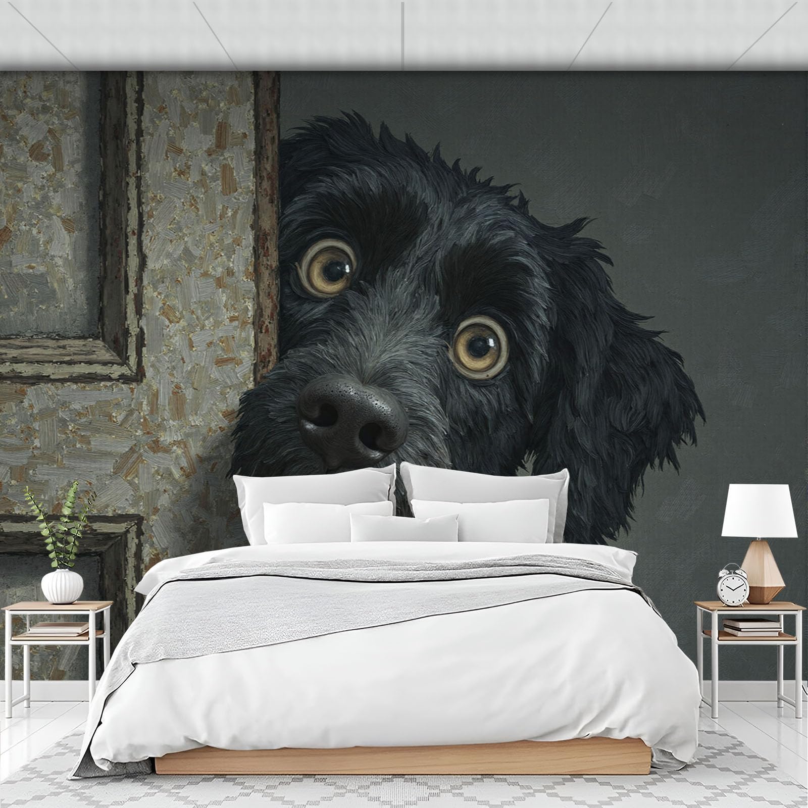 Papier Peint Panoramique Soie avec Fresque Chien Noir et Porte Ancienne Tapisserie Luxe Salon XXL