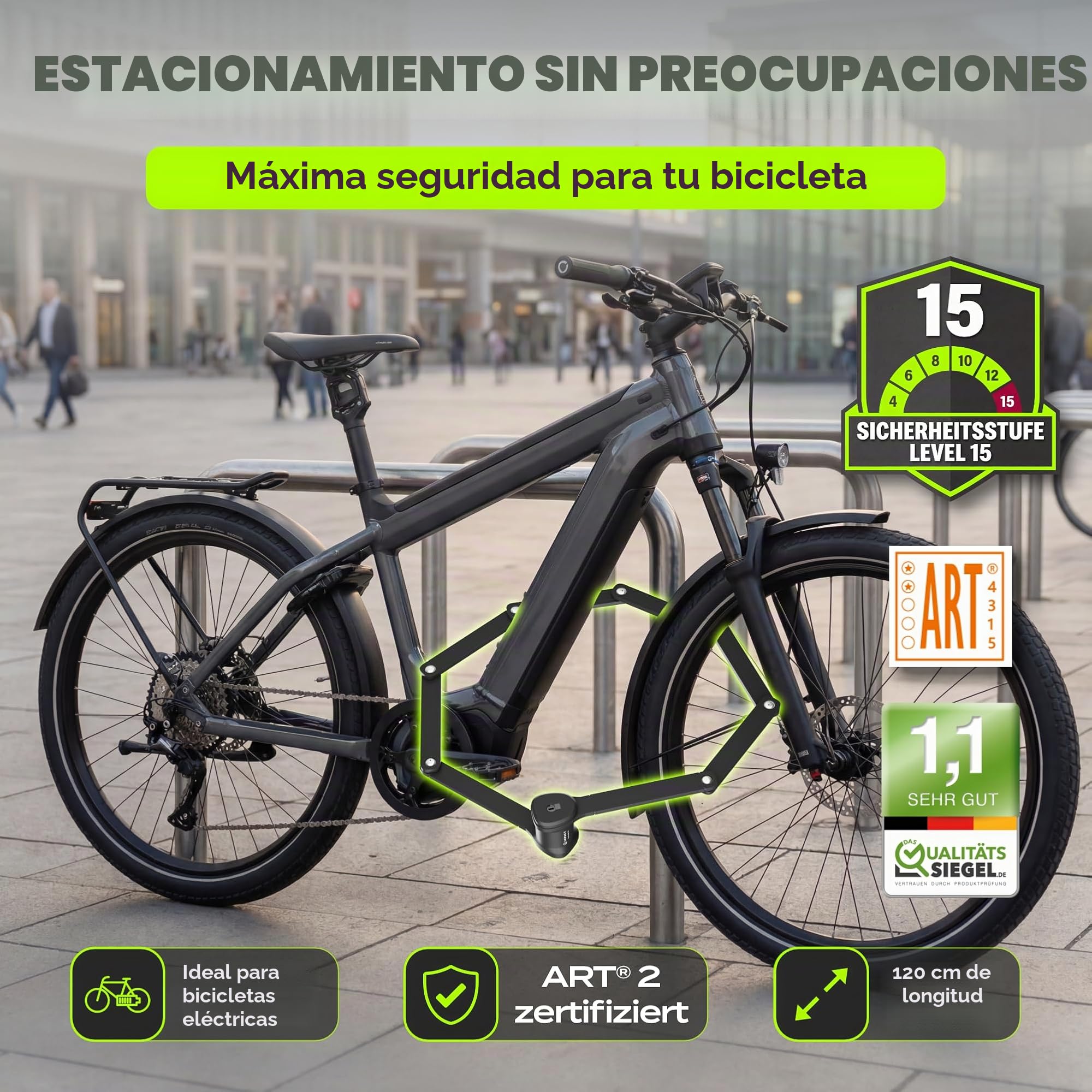 IMPACT FlexLock 15 - Candado plegable premium para bicicleta [alta seguridad] – Práctico candado para bicicleta con nivel de seguridad de 15 a 120 cm – Resistente candado para bicicleta soporta hasta