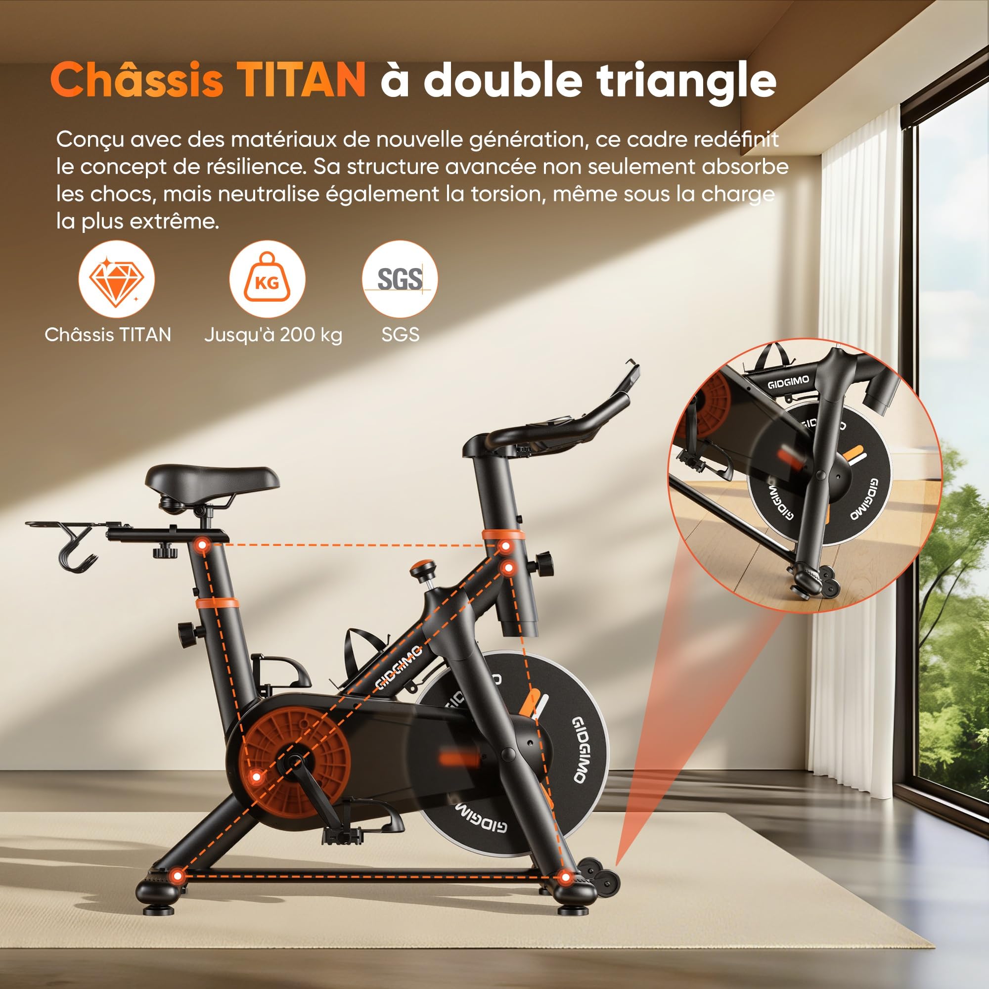 GIDGIMO 2026 Nouveauté Velo d Appartement, Vélo Spinning d’Intérieur Silencieux avec Résistance Réglable, Écran LCD, Selle Respirante, Capteur Cardiaque, Charge Maximale 200 kg