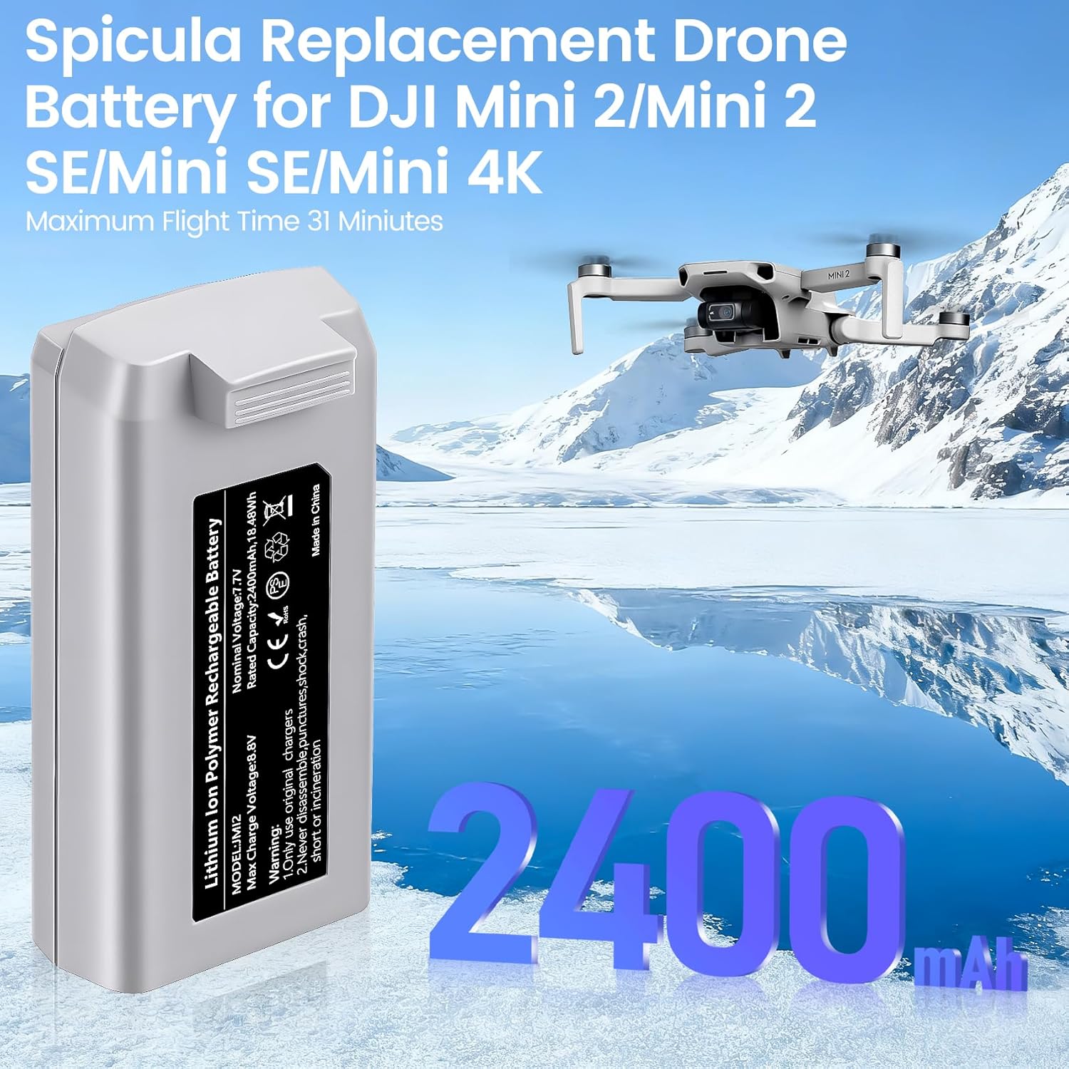 2-Pack 2400mAh Mini 4K/ 2 Series Intelligent Flight Battery and a LCD dispaly 3-Slot bi-Directional Charging hub, max Flight time up to 31 mins, Compatible with DJI Mini 2/SE/2 SE/4K Drones