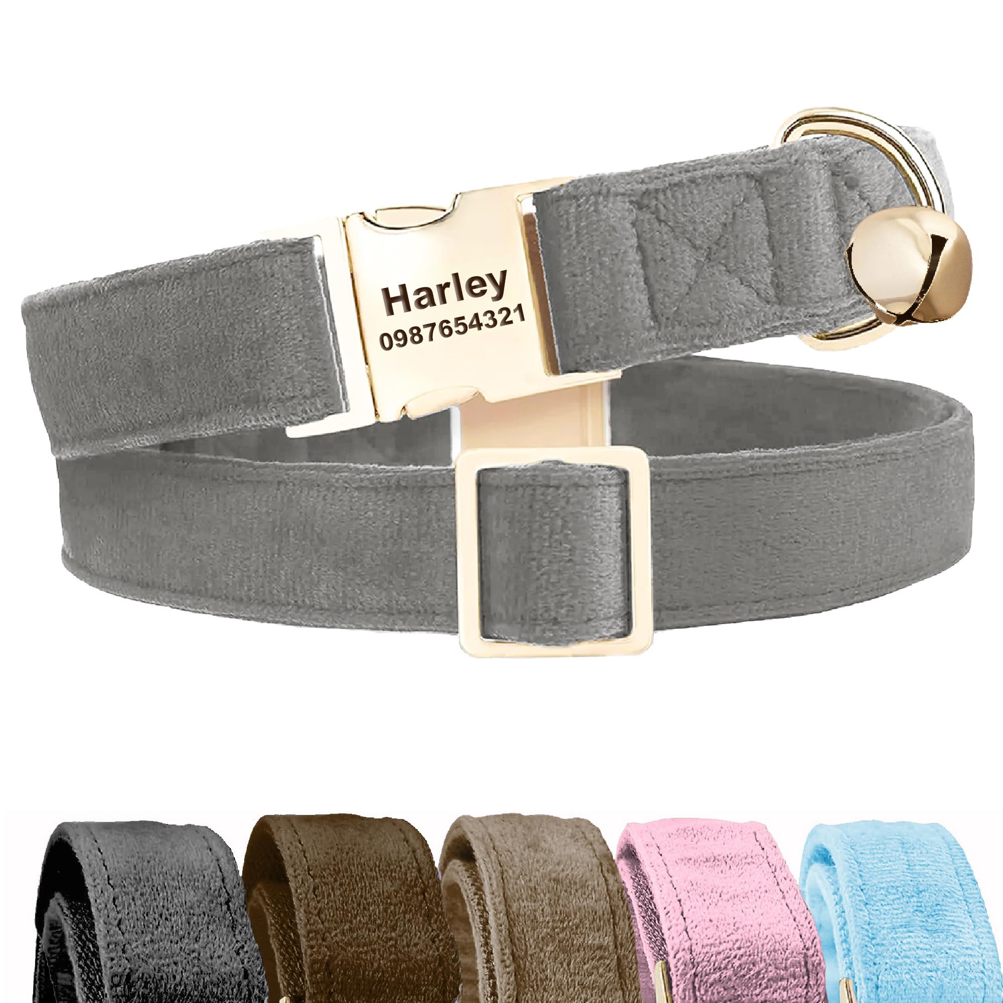 KreateSquare Personalised Dog Collar with Name - Custom Engraved Velvet Pet Collar With Bell, Adjustable Collar for Puppy, Small, Medium, Large Dogs, Dachshund, French Bulldog (Grey, Medium)