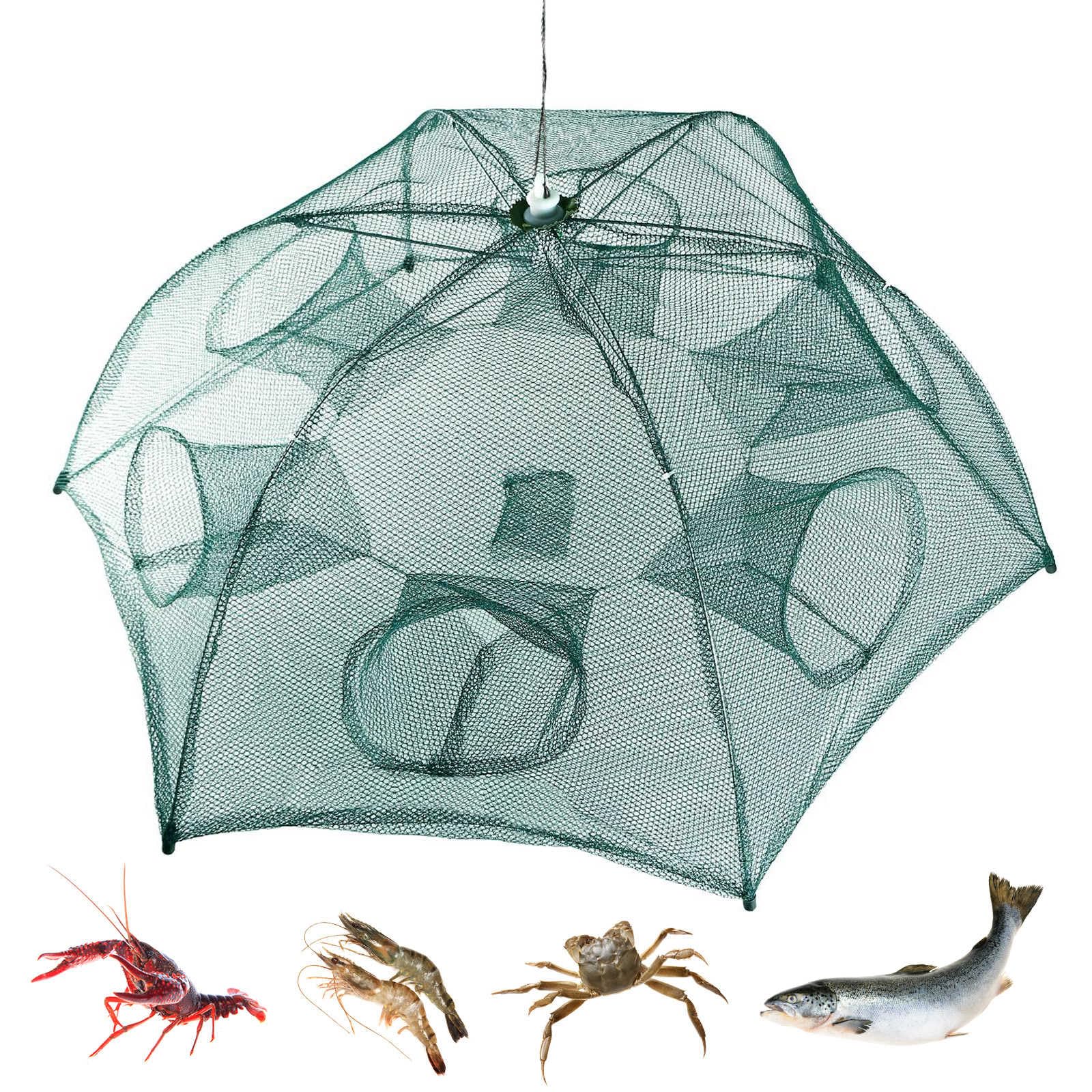 TeqHome Fishing Trap Net, Foldable 6-Sided 6-Hole Bait Trap, Automatic Collapsing Fishing Net with Zipper & Portable Design, for Shrimp, Crab, Minnow,