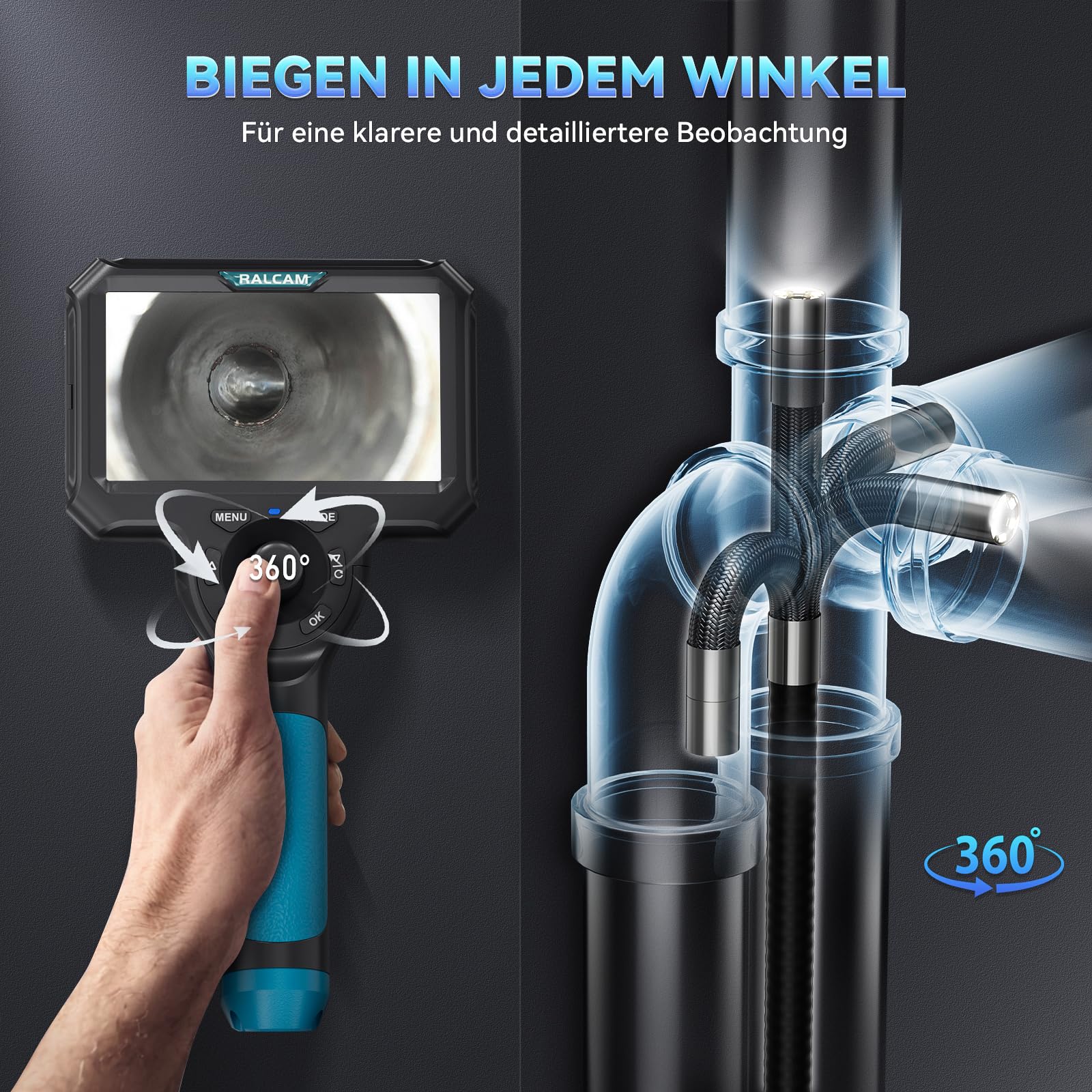 Ralcam Endoskopkamera mit Licht, 360° beweglichem Kopf, 5" HD Display | 6,2mm Inspektionskamera, 6 Einstellbaren LEDs, 32GB Speicherkarte, IP67 Wasserschutz, Für Rohr- und Motorinspektionen