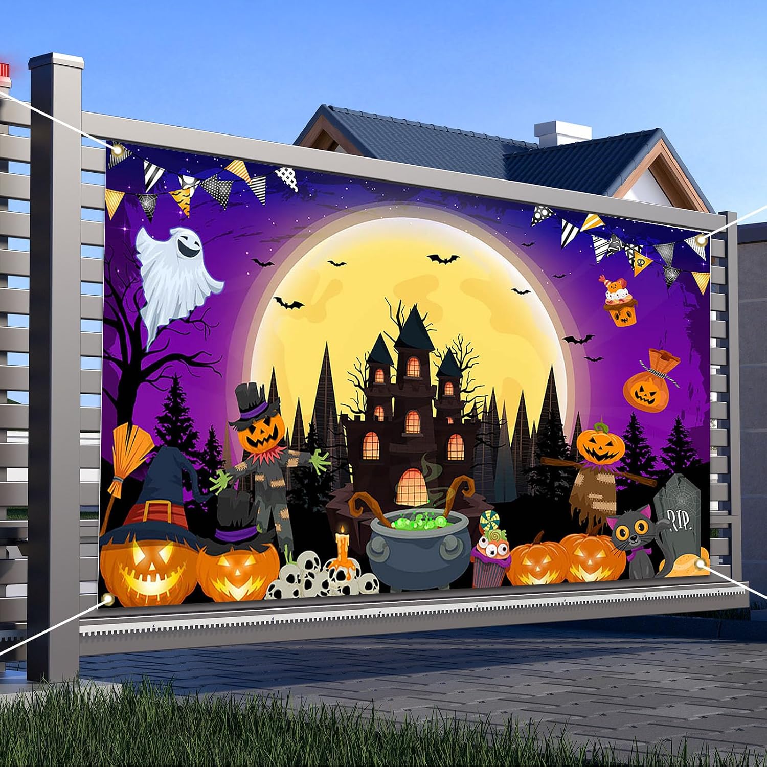 Avezano Happy Halloween Banner Trick or Treat Halloween Backdrop Party Decorations Kids Outdoor Indoor 6 x 3.6 ft, Purple