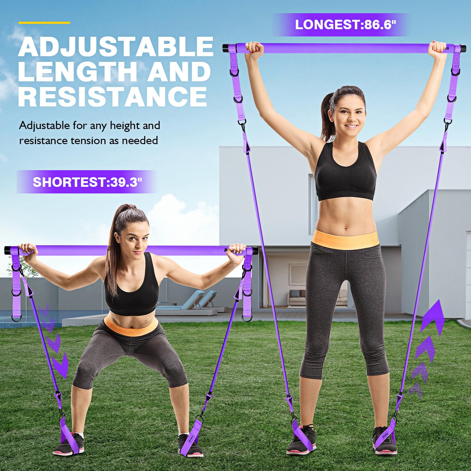 Equipo de pilates, kit de barra de pilates con bandas de resistencia, equipo de entrenamiento de pilates multifuncional ajustable para hombres y mujeres, barra de pilates portátil, equipo de gimnasio