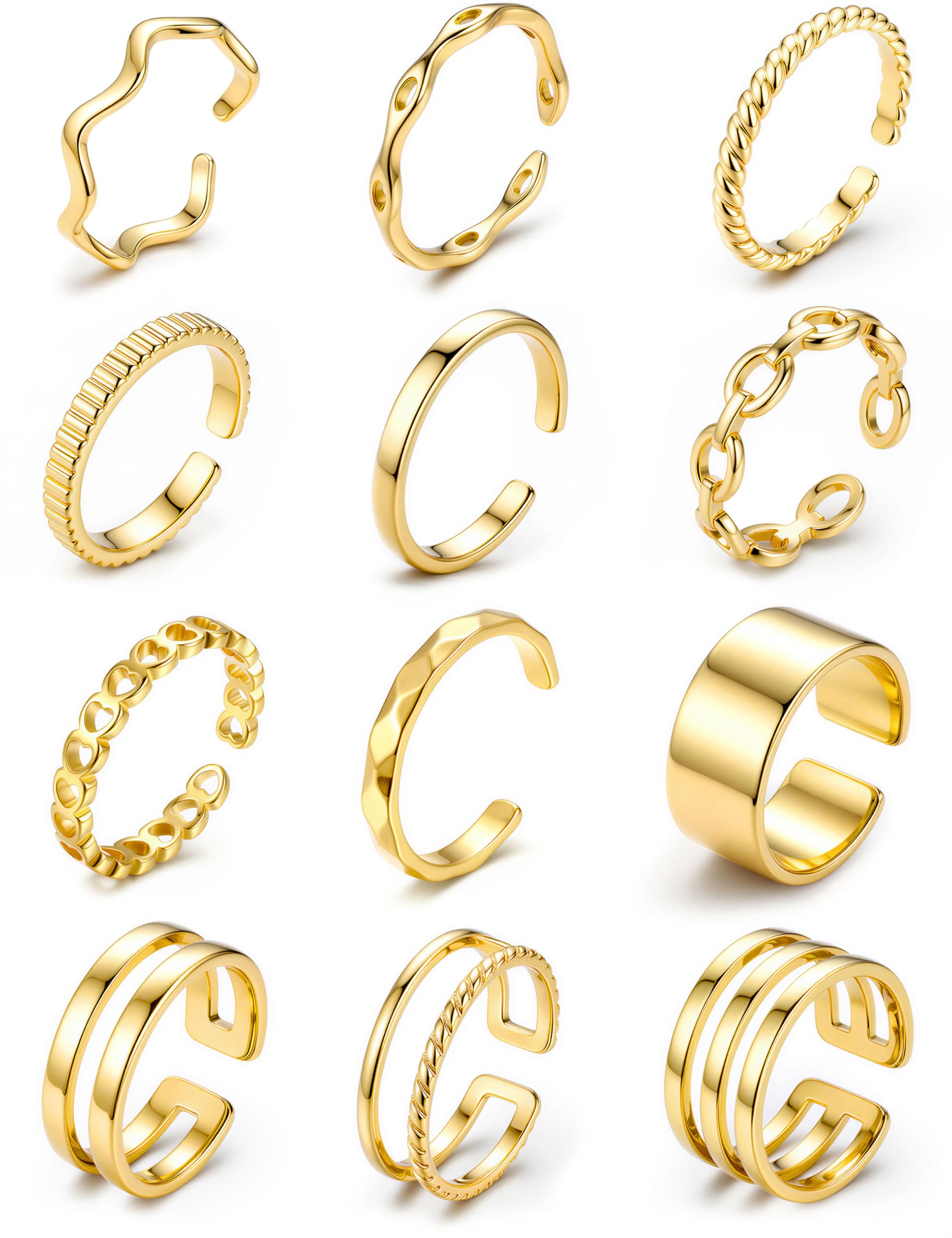 JeweBella 12 Stück Ringe Gold Silber Wasserfest Ring Damen Edelstahl 18K Vergoldete Trendy Stapelbare Offene Ringe Set Frauen Verstellbar Daumenring Fingerring Stapelringe Damen Schmuck