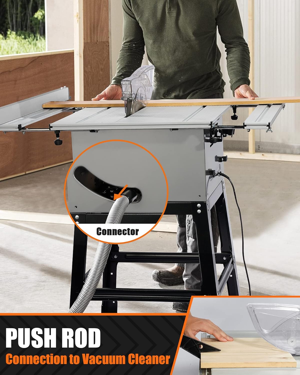 Image showing the push rod and the connection port for a vacuum cleaner on the MTS01A Table Saw.