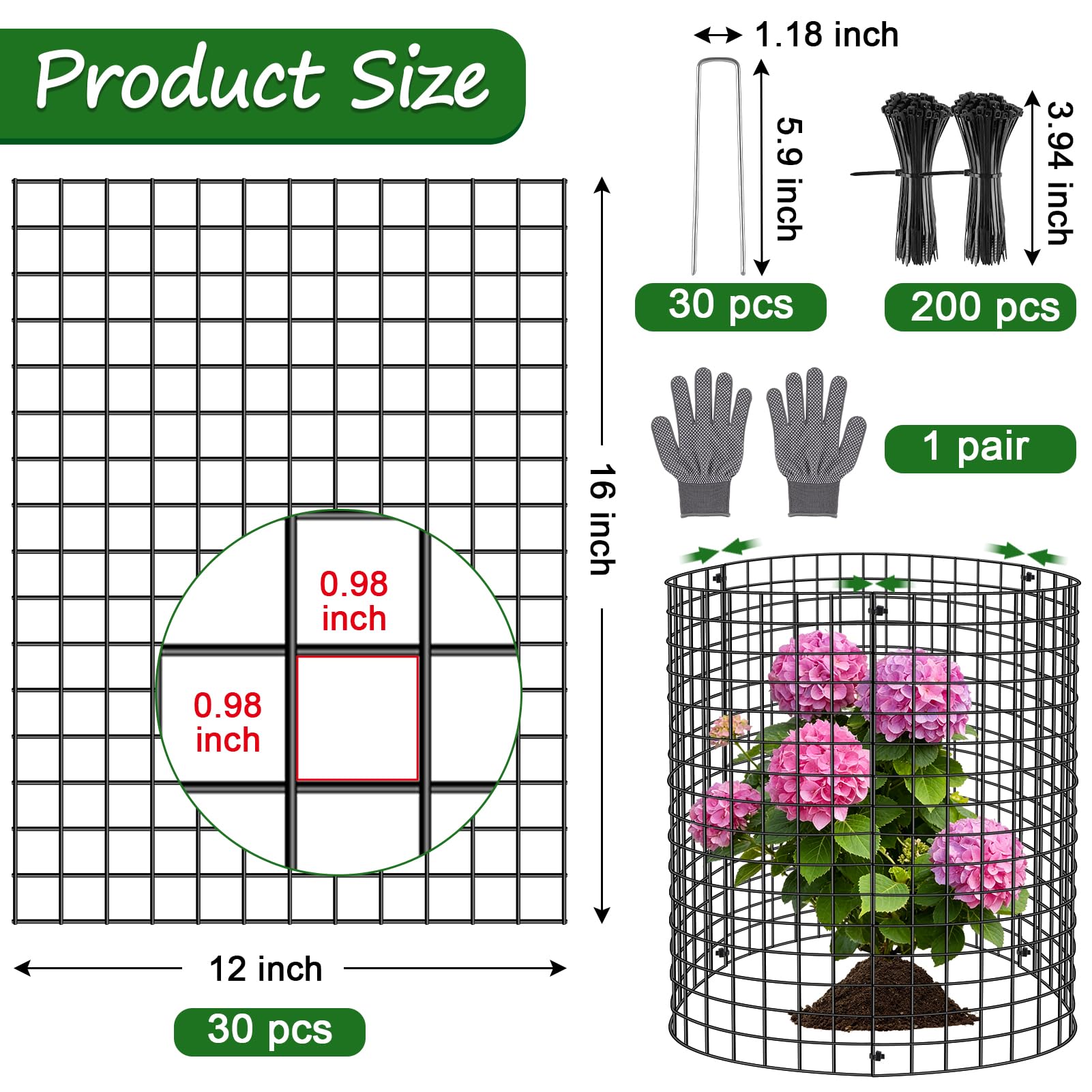 30 szt. ochraniaczy roślin przed zwierzętami, 40 x 30 cm, duże metalowe klatki na rośliny, z drutem dla kurczaka, z wiązaniami na zamek błyskawiczny i słupkami, aby utrzymać zwierzęta na