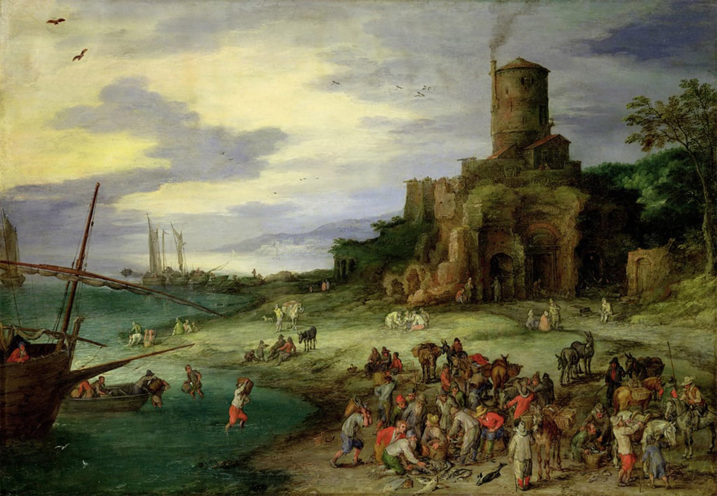 Toile murale abstraite pêcheurs Brueghel pour grand mur vide