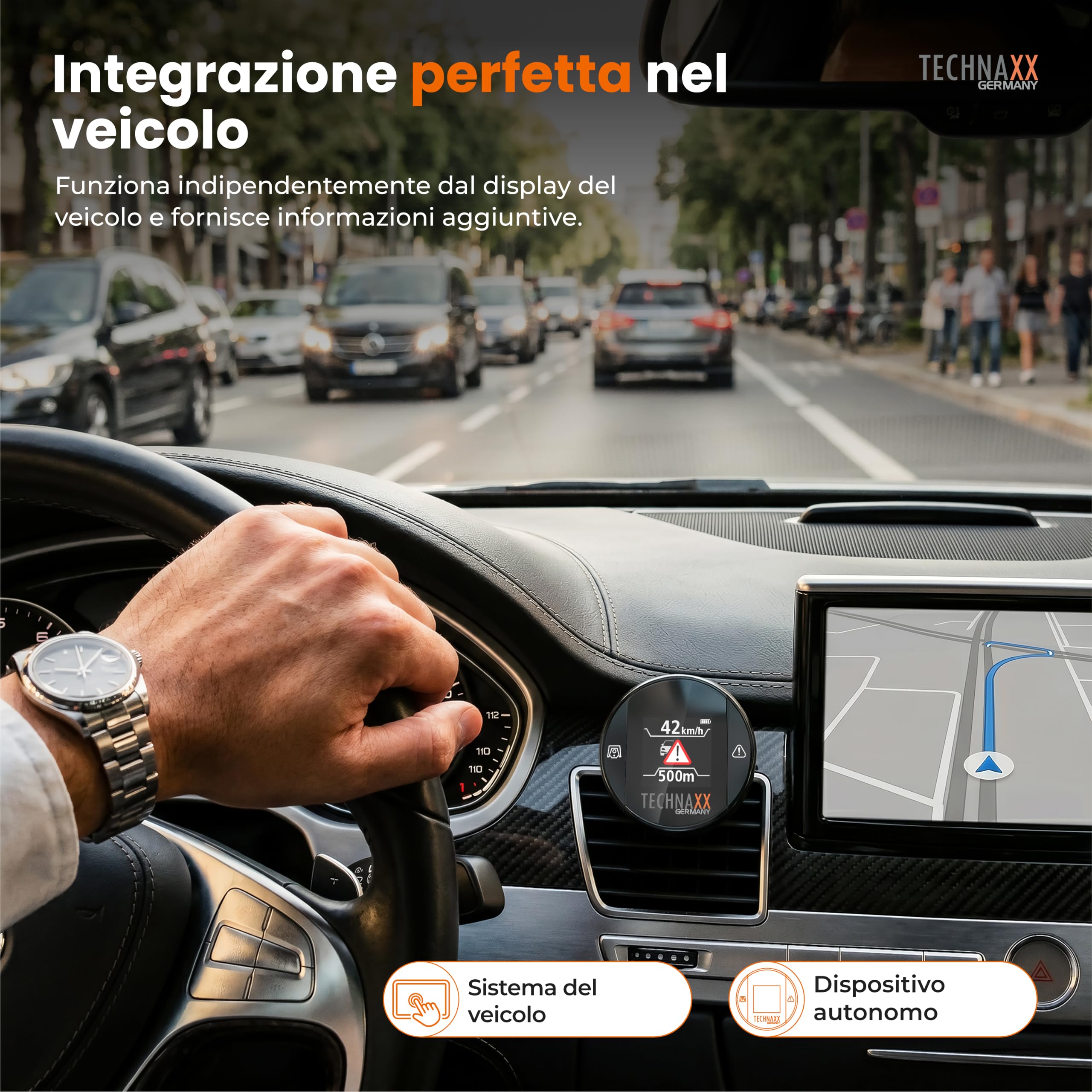Technaxx Rilevatore di Radar con Blitzer.de – Dispositivo di Allerta con Display, Avvisi su Limiti di Velocità e Pericoli, Visualizzazione in Tempo Reale, Attivazione Automatica - TX-388
