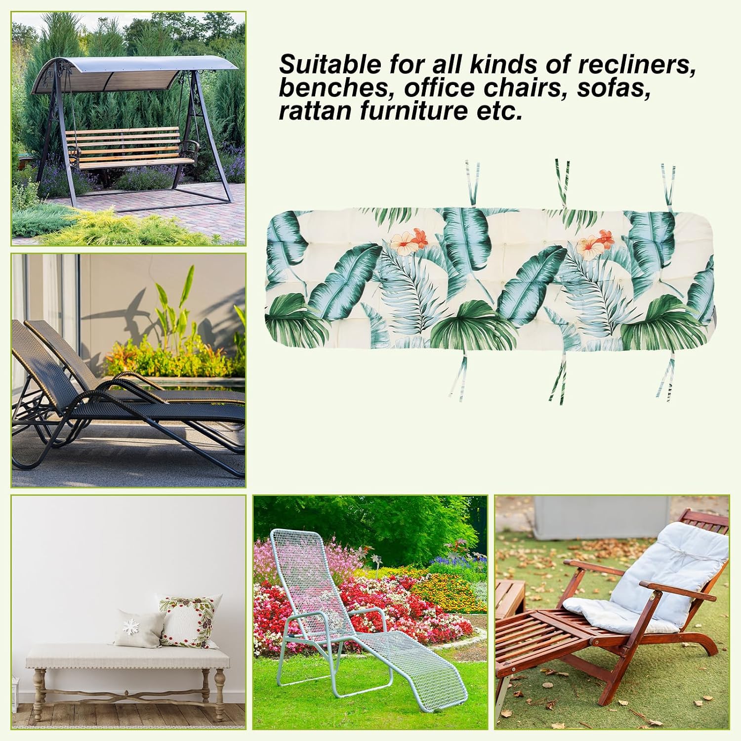 Lounge Chair Cushion, Indoor/Outdoor Floral Lounger Cushions with Ties, Pad for Zero Gravity Chair, White BlueLeaf