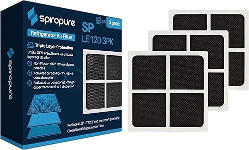 SpiroPure SP-LE120 - Filtro de aire fresco para refrigerador LT120F, ADQ73214404, 9918, 46-9918, ADQ73214402, ADQ73334008, ADQ73214403 (paquete de 3)