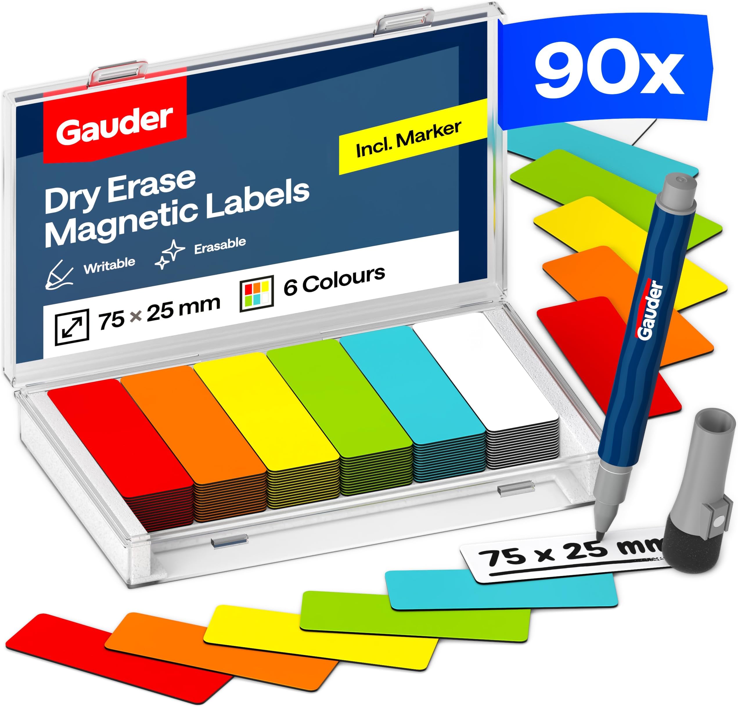 GAUDER Magnetic Labels Writable - Reusable Magnetic Tags for Whiteboard, Blackboard, Kanban Board and Fridge - Magnet Cards with Marker (90 Pieces - 75 x 25 mm)