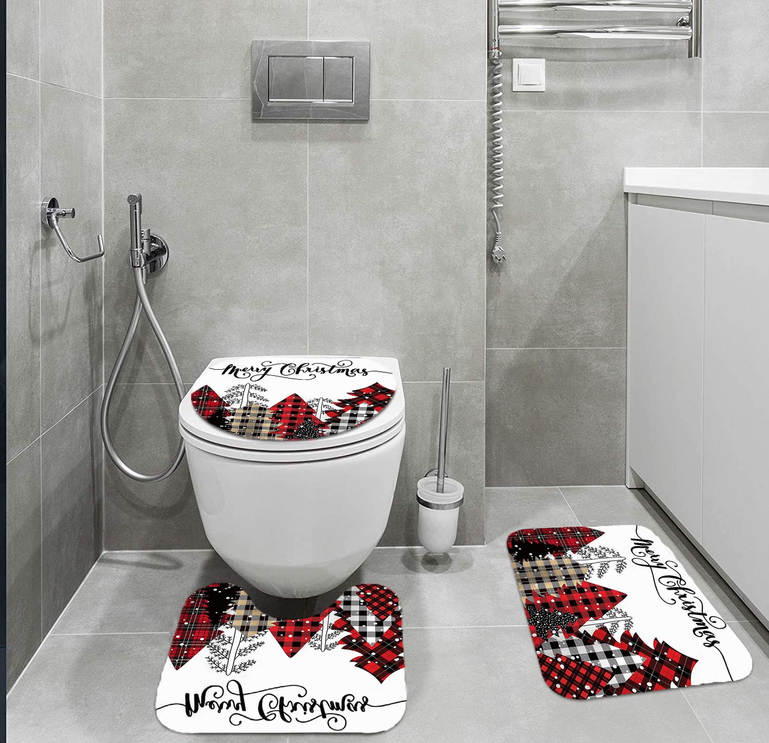 Set De 3 Housses De Toilettes & Tapis De Bain Thème Noël (Père Noël & Bonhomme De Neige) - Polyester Doux