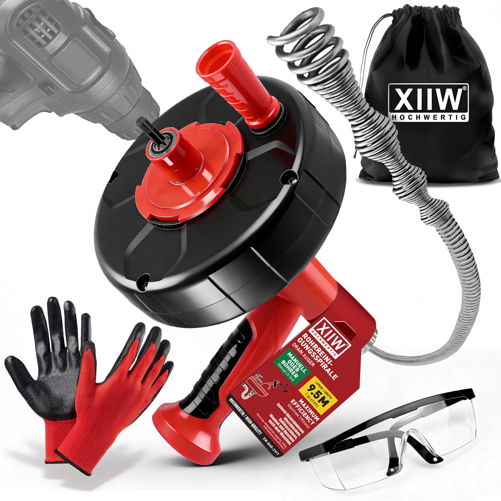 XIIW Sonda Sturatubi 2 in 1 Manuale/Elettrico | Spirale 9.5m | Adattatore per Trapano | Pulitore Scarichi per Lavandini, Box Doccia, Cucina e Pavimento – Include Guanti, Occhiali, Borsa Trasporto | Spulitore a spirale per scarichi intasati, ecologico, a s