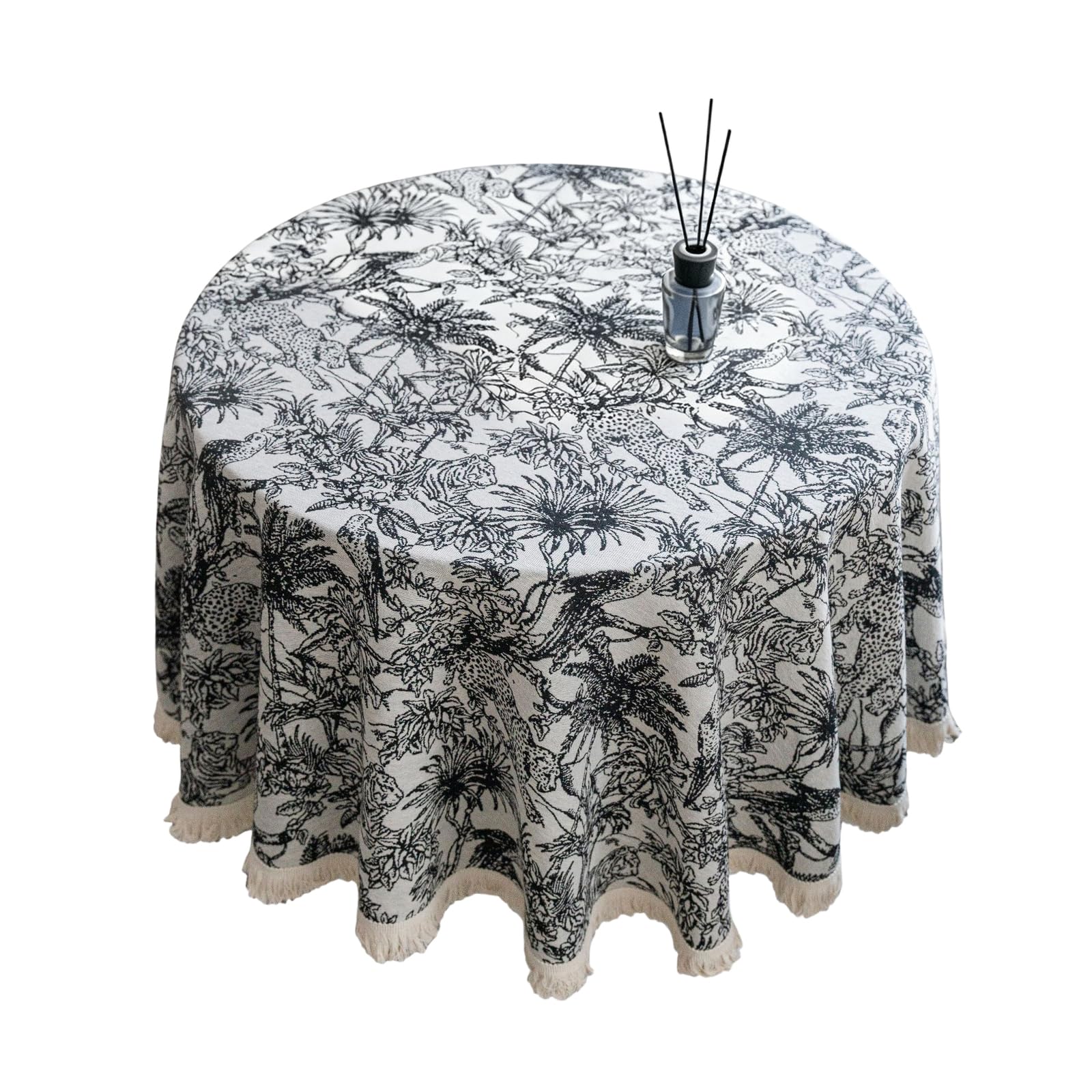 Tsophreniq Romantics Flower Print Polyester Cotton Round Tablecloth with Tassels Trim Dining Table Cover for Dinner Parties Decors Home Dinner Decoration
