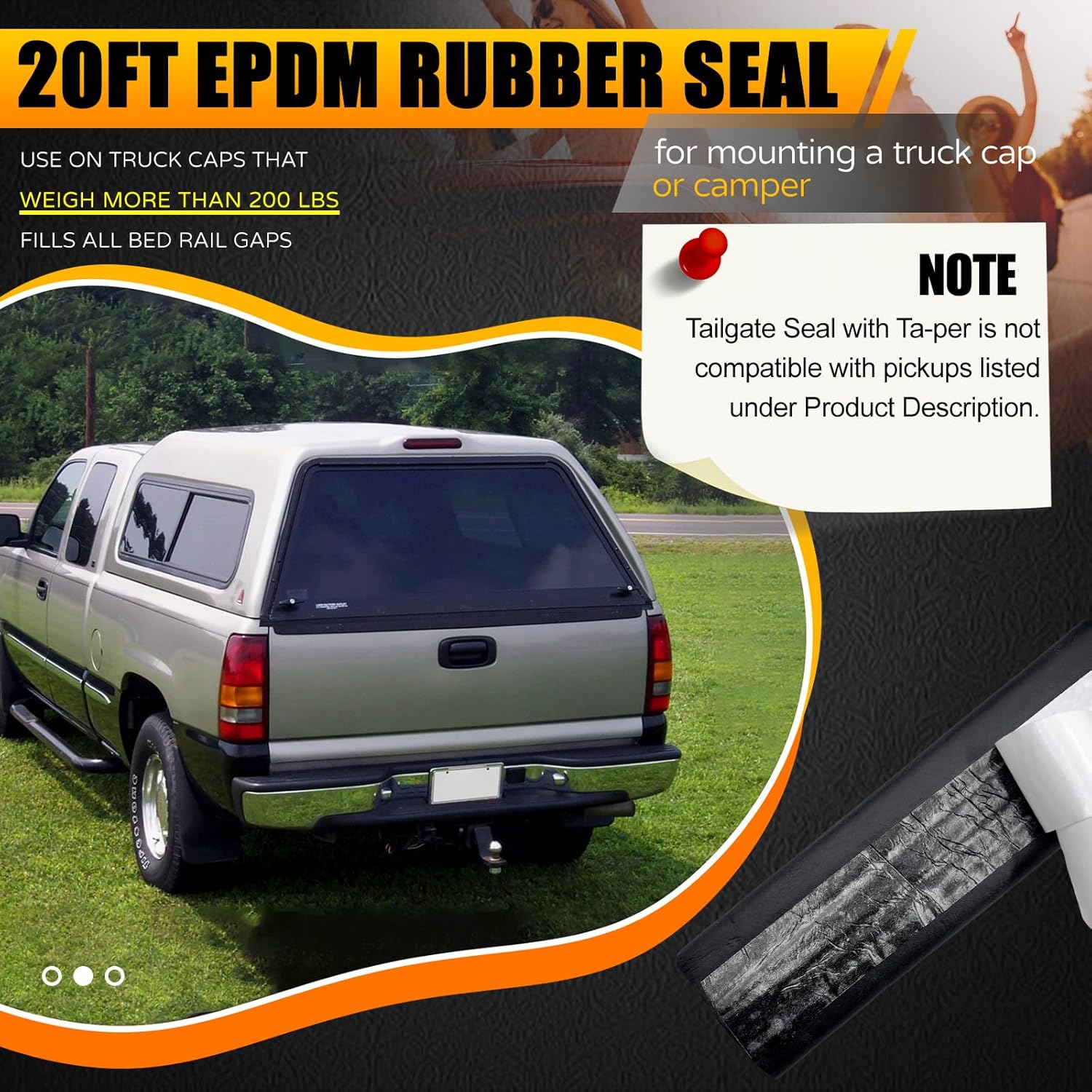 Truck Cap Seal 20FT (2 1/8" Width x 1/2" Height x 20' Length) for Truck Cap Over 200 lbs, EPDM Rubber, Truck Topper Seal with Adhesive, Camper Shell Canopy Seal Five-Year Free Replacement
