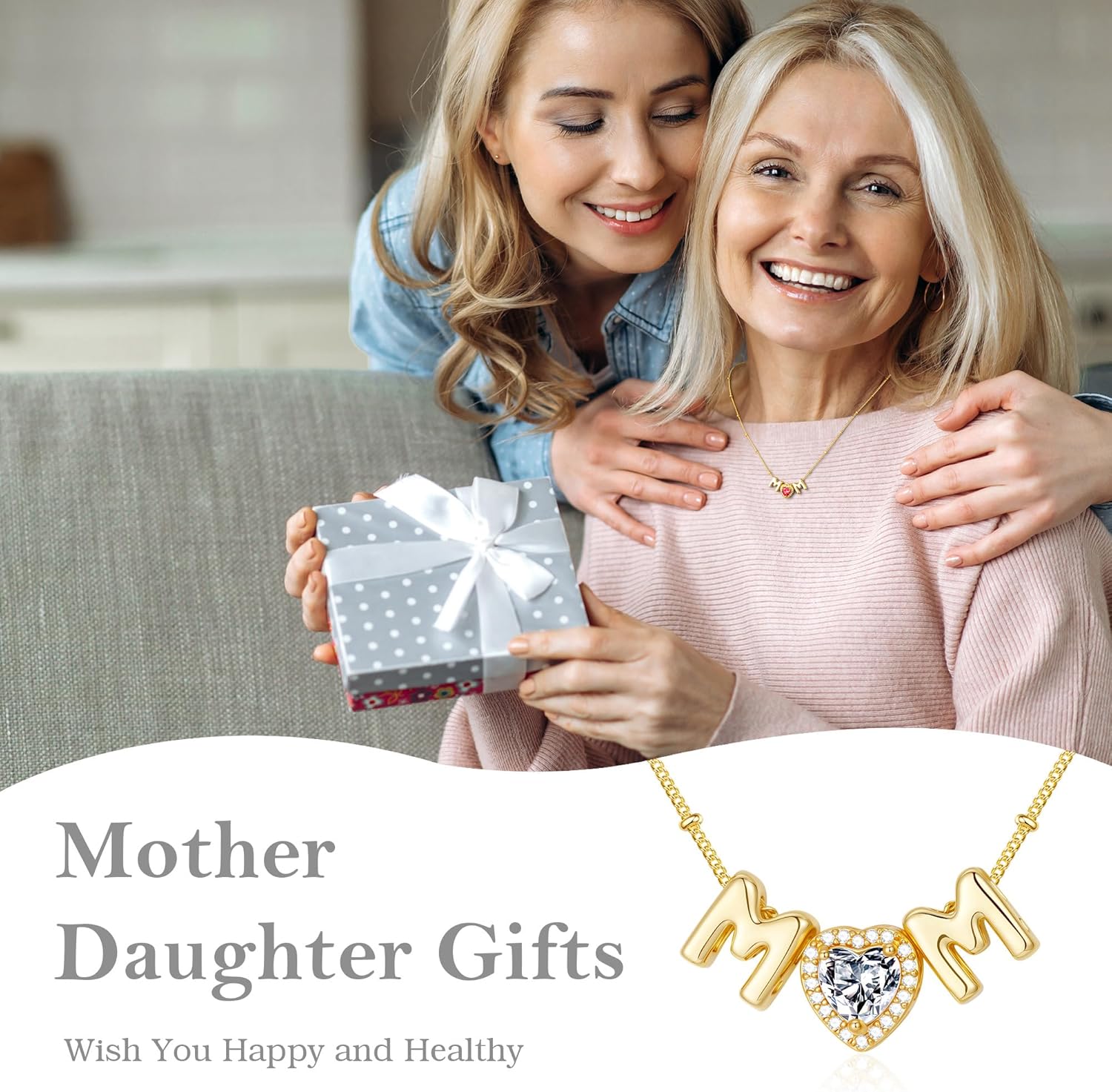 M MOOHAM Mom Birthstone Necklace Gifts for Women, Dainty Mothers Day Jewelry for Women Mother Wife Birthday, New Mom Gifts From Daughter, 14K Gold Plated Love Heart Birthstone Pendant Necklaces - Image 5