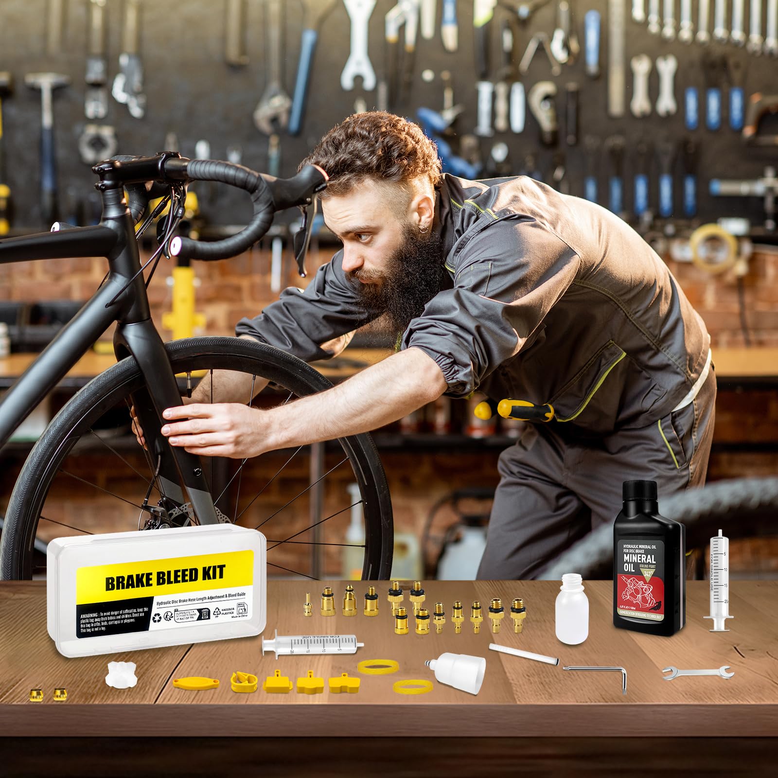 Kit Spurgo Freni per Shimano, Tektro, Magura, Kit Spurgo Freni per Freni Idraulici, Include Adattatori in Ottone e 150ML di Olio Minerale per Freni
