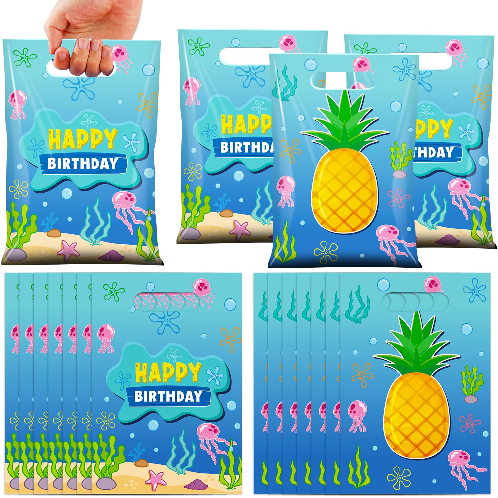 50Pcs Ocean Pineapple Birthday Goodie Bag Decorations, Plastic Pineapple Gifts Bags with Handles, Blue Ocean Jellyfish Seaweed Party Favor Bags for