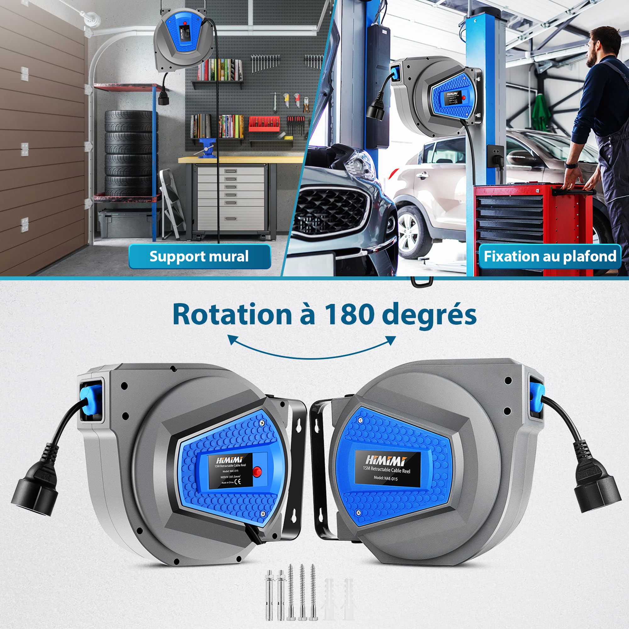 Himimi Enrouleur de câble d'extension rétractable automatique 15 m + 1 m, 1 500 W ~ 3 000 W, robuste, étanche, pour usage extérieur/intérieur, montage mural/plafond, pivotant à 180°