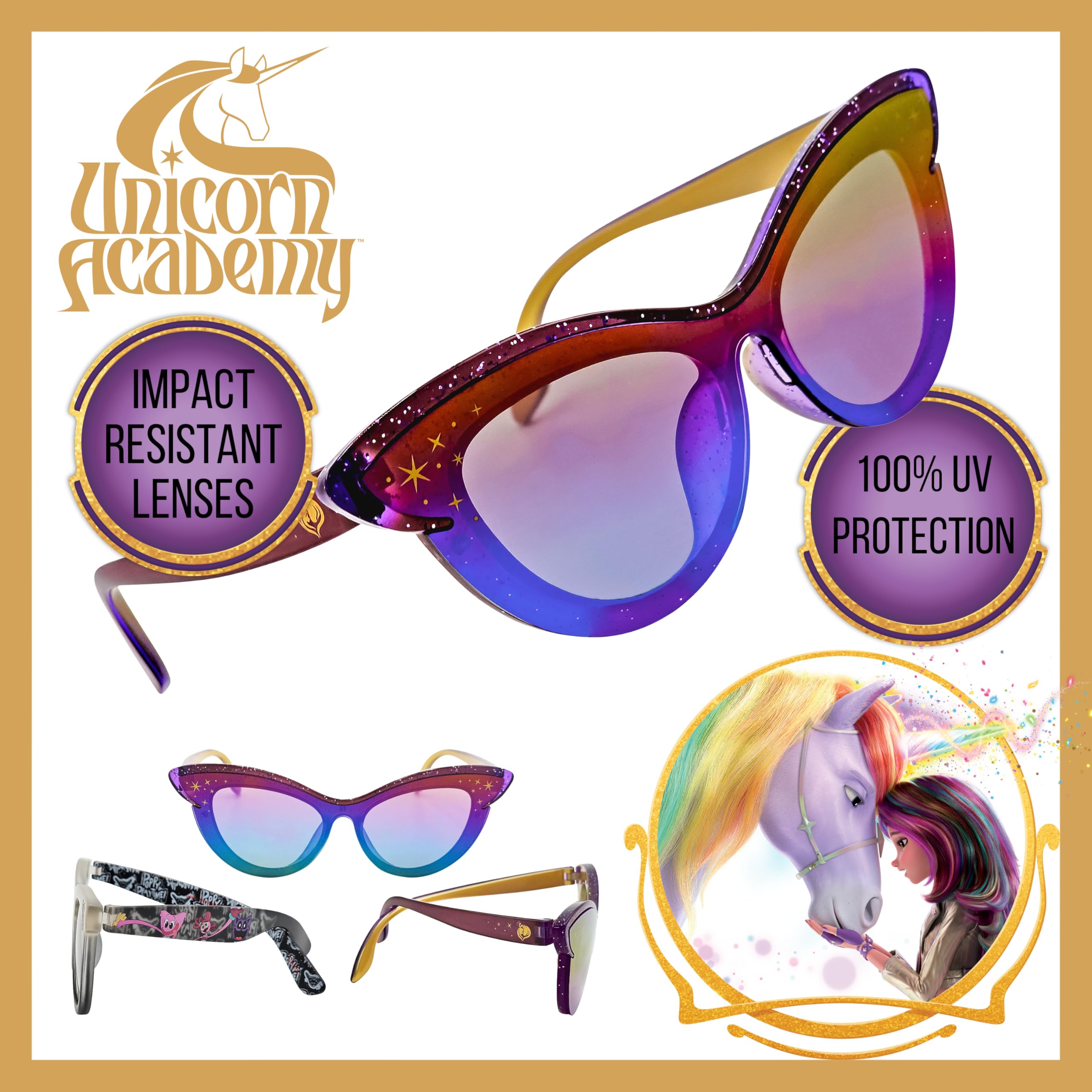 Sun-Staches Okulary przeciwsłoneczne Akademia Jednorożców dla dzieci, stylowe, wygodne i trwałe, chroniące przed promieniowaniem UV, dziewczęce okulary z jednorożcem, z miękkim futerałem, oficjalnie