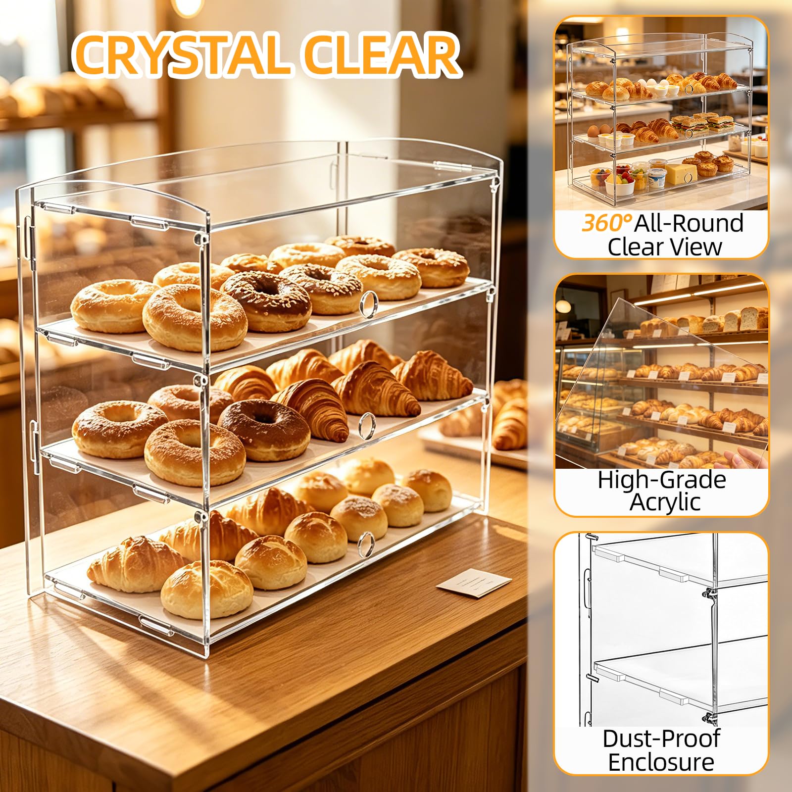 Expositor acrílico de 3 niveles, 48 x 23 x 44 cm, vitrina transparente para panadería, magdalenas y donas para pasteles, pan, postres, figuras, vitrina de alimentos de encimera