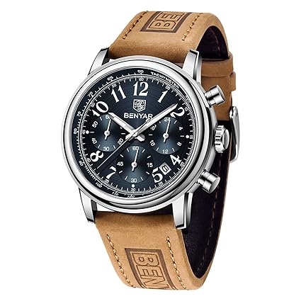 BENYAR Fashion Chronograph, Waterproof Quartz Men's Watch Business Sports Brown Leather Watch