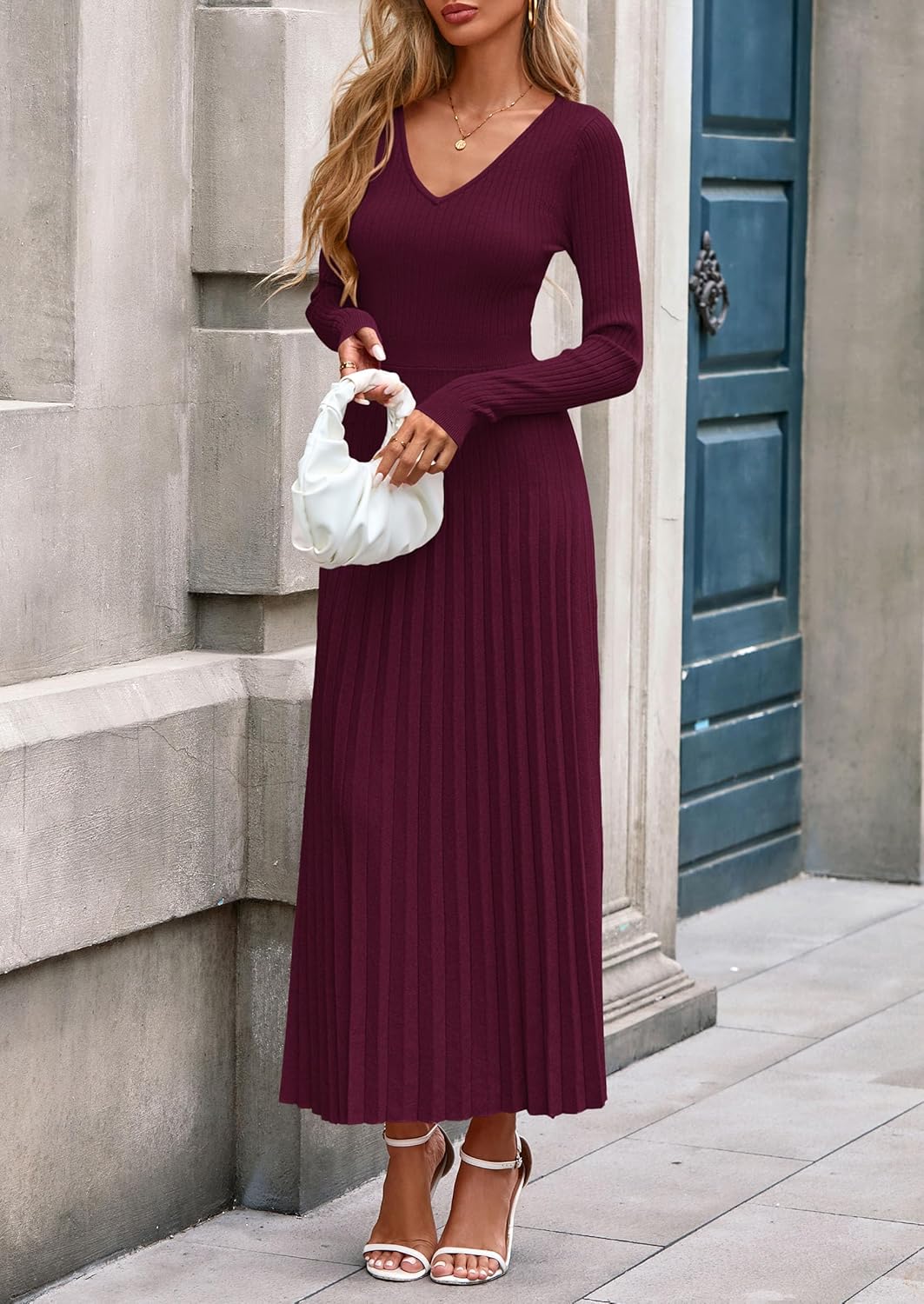 PRETTYGARDEN Women Sweater Dress Fall Fashion 2026 Long Sleeve V Neck Ribbed Knit Pleated A Line Elegant Maxi Winter Dresses - Image 8
