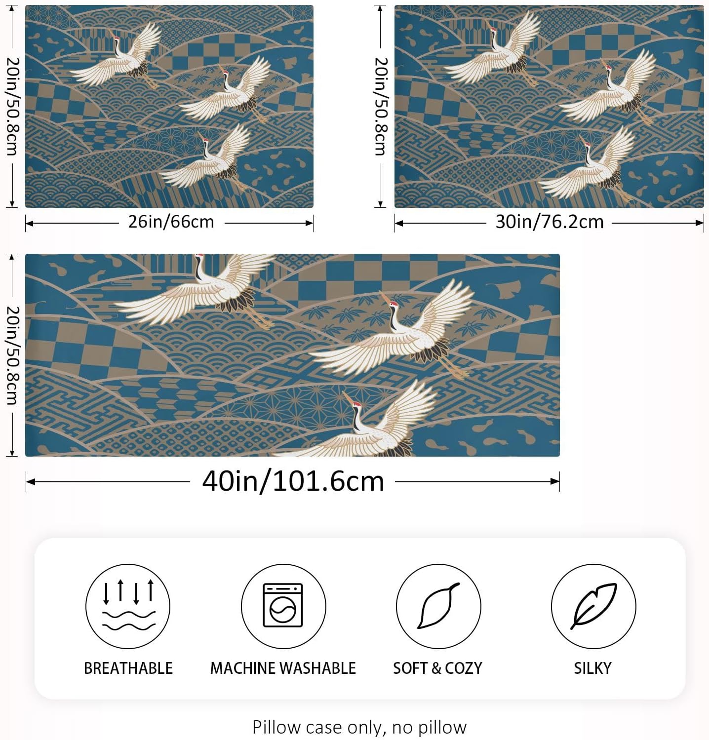 Vintage Japanese Bird Crane Satin Pillowcase for Hair and Skin | Antique Traditional Crane Pattern Pillow Cases, Asian Oriental Art Cushion Covers with Envelope Closure 20x26 Inch