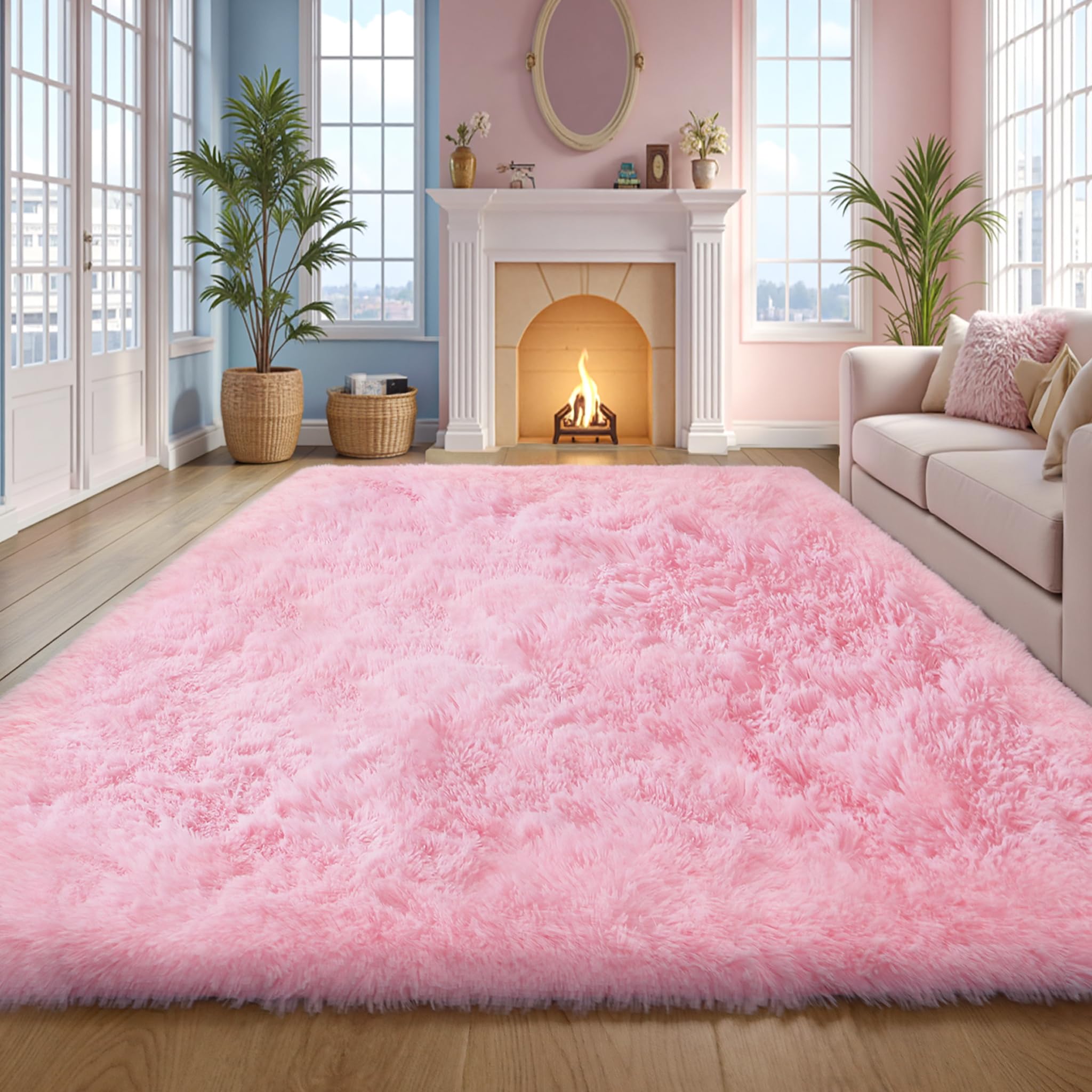 Photo 1 of Pink Fluffy 8x10 Large Area Rugs for Bedroom Living Room Girls, Soft Washable Fuzzy Furry Shag Rug for Kids Room, Nursery, Dorm Decor, Cute Plush Carpet for Baby Toddler