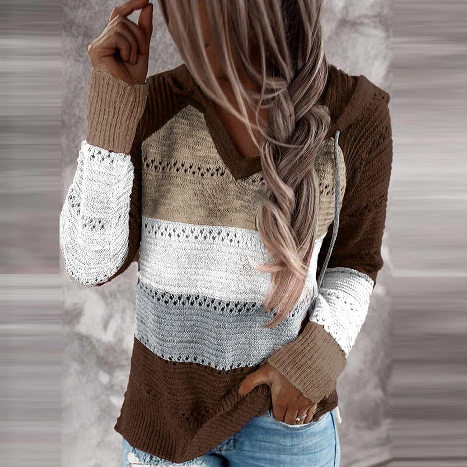 Heevina Womens Sweaters for Women Hooded Patchwork Striped V Neck Cutout Long Sleeve Hoodie Jumper Fall Winter