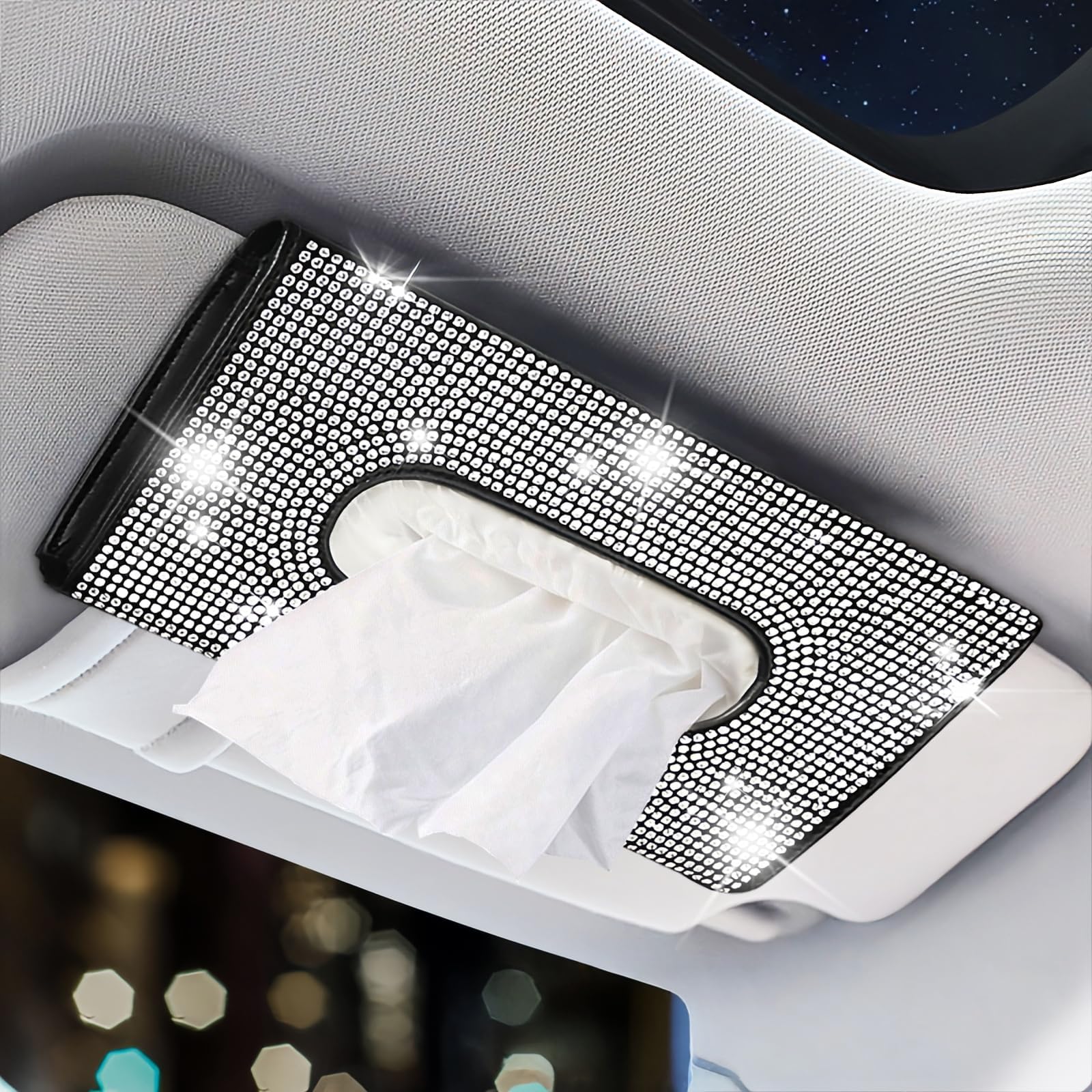 Bling Car Visor Tissue Holder, PU Leather Visor Tissue Holder with Crystal Rhinestones, Diamond Car Napkin Box for Women Girls (Black & White)