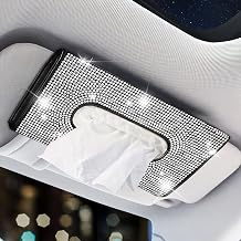 Bling Car Visor Tissue Holder, PU Leather Visor Tissue Holder with Crystal Rhinestones, Diamond Car Napkin Box for Women Girls Black & White