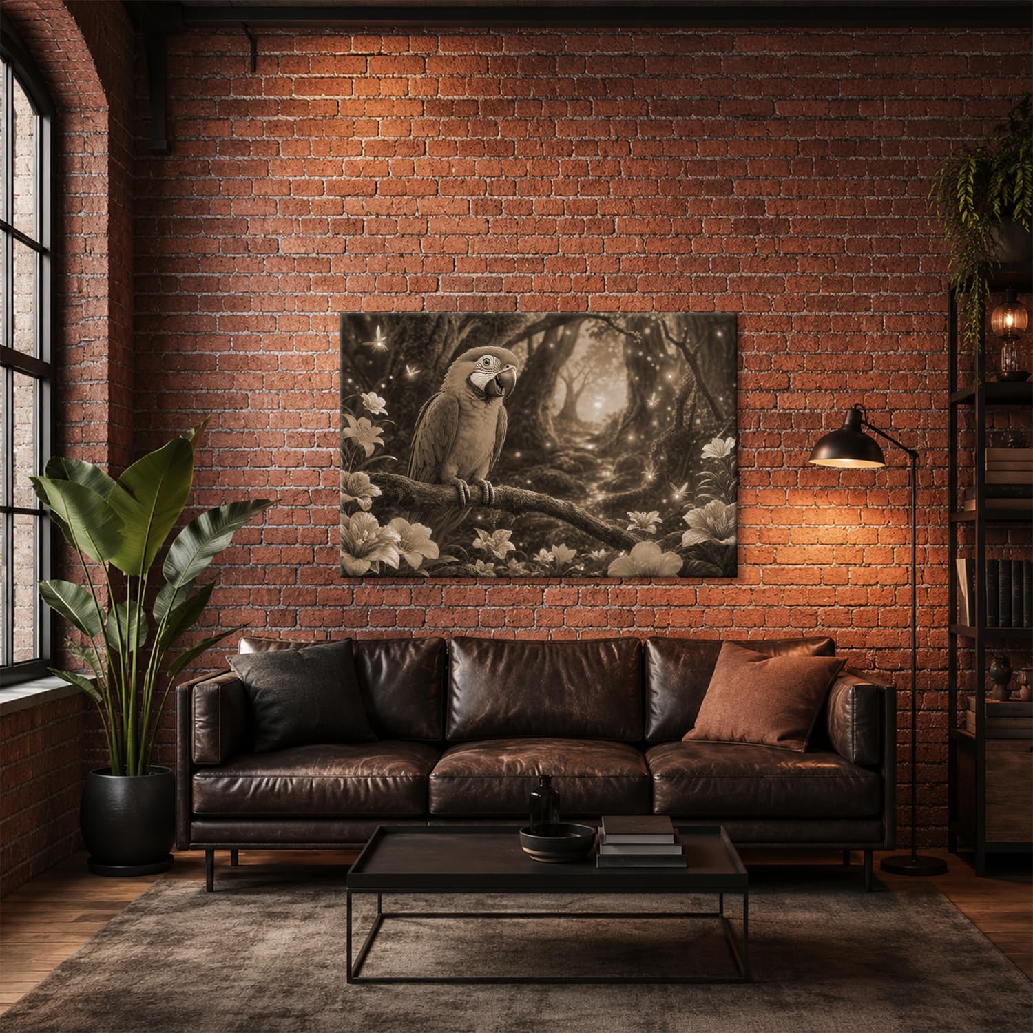 deyoli Obraz na płótnie Kolorowa papuga na drzewie w zaczarowanym lesie 100 x 70 cm Sepia | Format poziomy, jednoczęściowy druk artystyczny XXL, obraz na blejtramie, obraz na płótnie, obraz ścienny, dekoracja salonu