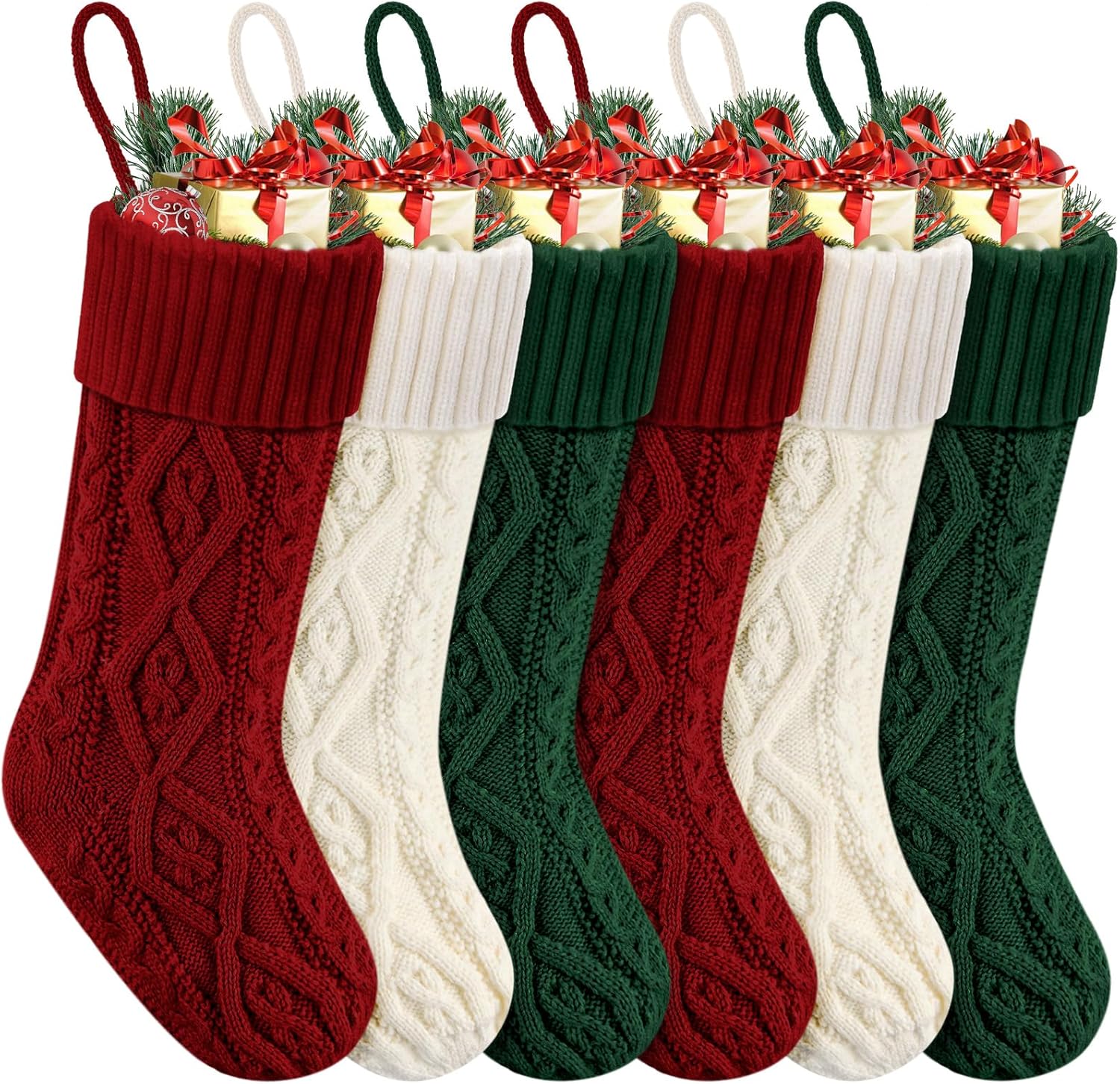 christmas stockings,christmas hanging stockings decoration soft and comfortable knitted festival party xmas tree stocking b-6p-2red+2white+2green