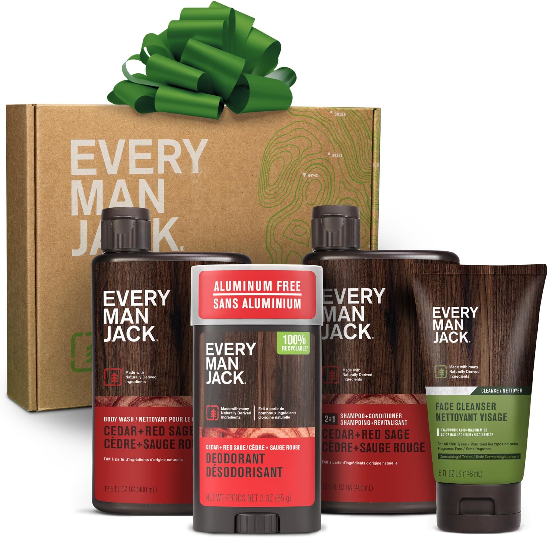 Every Man Jack Men's Bath and Body Gift Set - Cedar & Red Sage Scent - Clean Ingredients - Includes Hydrating Body Wash, 2-in-1 Shampoo, Aluminum-free Deodorant & Face Wash