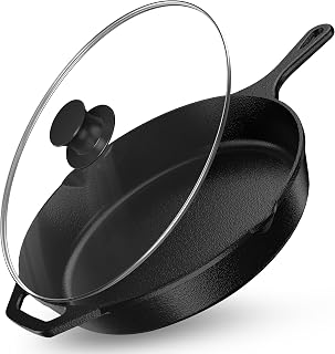 Utopia Kitchen 12 Inch Pre-Seasoned Cast Iron Skillet with Glass Lid - Versatile Frying Pan for Stove, Oven, Grill, Campfire