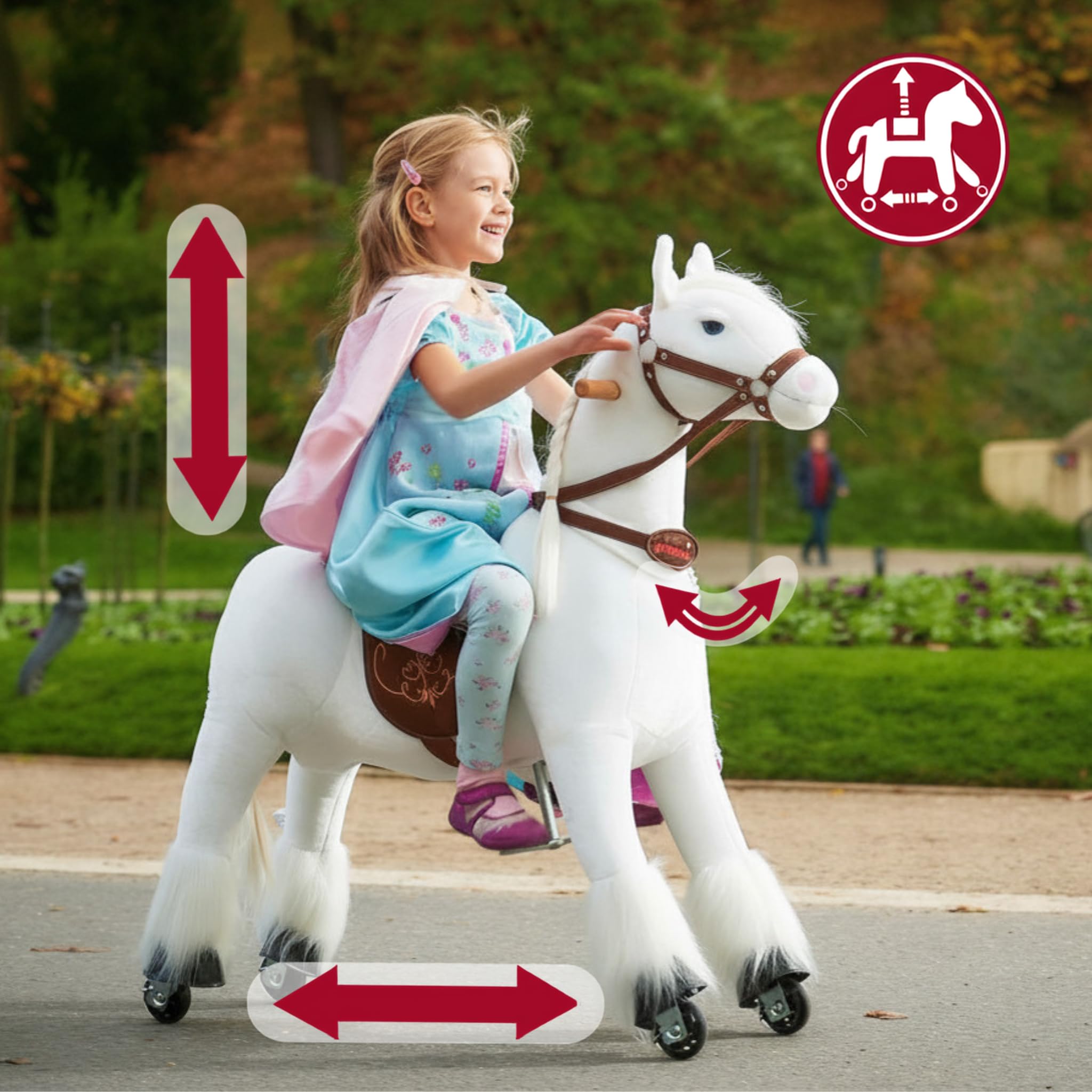PONNIE Reitpferd mit Rollen Tiara M für Kinder 5-12 Jahre (50 kg) – Ohne Batterie – Mitwachsend Dank höhenverstellbarer Steigbügel – Kämmbar mit abnehmbarem rosa Sattel – Für drinnen&draußen – 107 cm