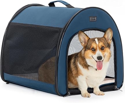 PETSFIT قفص الكلب قابل للطي، قفص السفر الكلب - 26.5 بوصة خفيفة الوزن، Roomy، سهلة الإعداد، المحمولة المنبثقة الكلب الناقل مع حصيرة سميكة، قوي قفص الكلب لينة من جانب، الأزرق الداكن