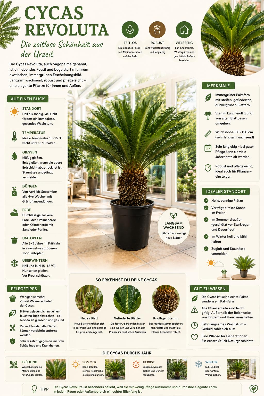 Cycas Revoluta ca. 100 cm – Sagopalme & Palmfarn Zimmerpflanze, exotische Grünpflanze für Wohnzimmer, Büro & Wintergarten, pflegeleicht, dekorative Zimmerpalme mit tropischem Flair