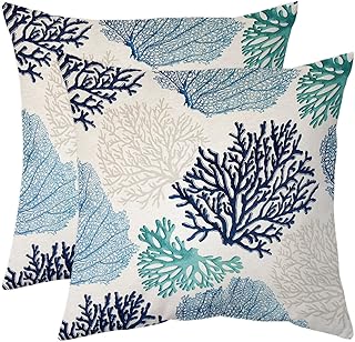 Qahing Beach Throw Pillow Covers, Set of 2 Coastal Coral Branch Ocean Themed Pillowcase Luxury Velvet Decorative Cushion Cover for Couch Bed Sofa Farmhouse Decoration 18X18 Inches