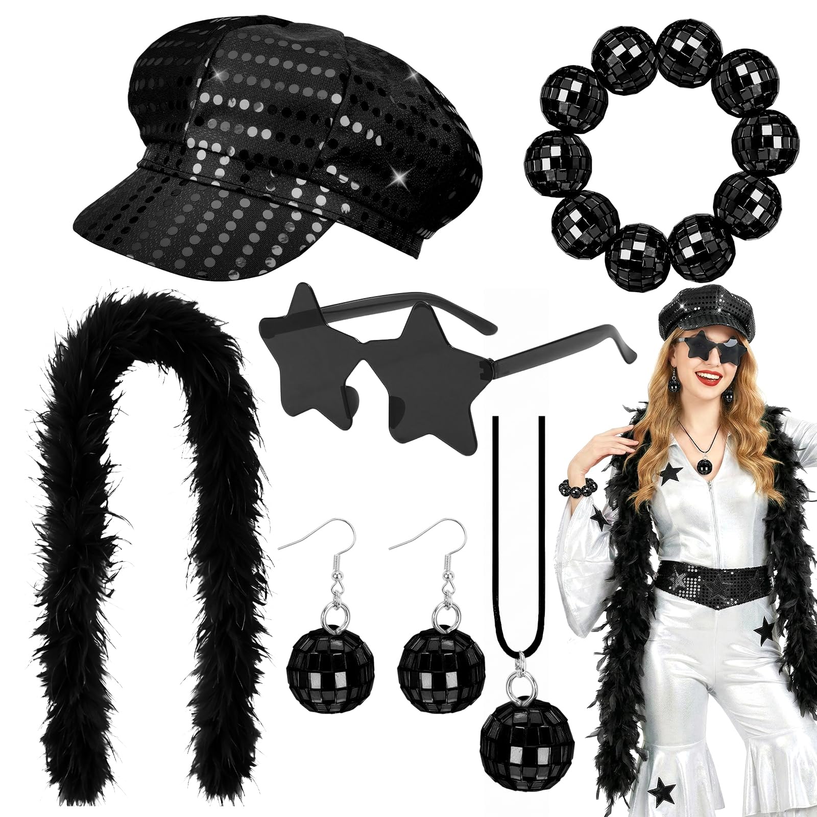 Vervora Disco Fancy Dress Accessories Set for Women – 70s Disco ABBA Style Costume Kit with Feather Boa, Sequin Cap, Star Glasses, Disco Ball Jewellery for Hen Party Theme Party (Black) — image 1