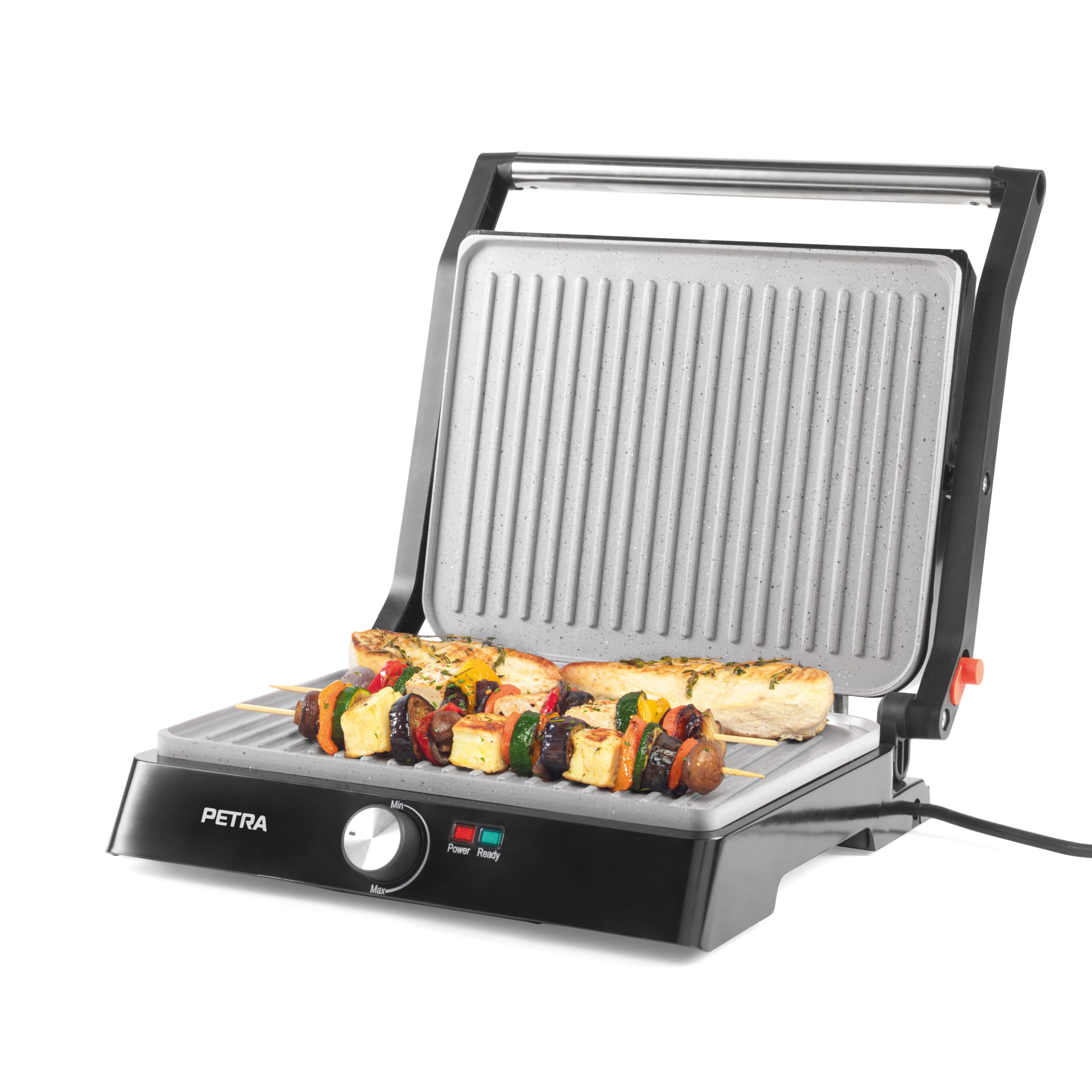Petra PT4076VDEEU10 Griglia elettrica - Multifunzione presse per panini sandwich, doppia XL 180°, antiaderente, 2 superfici di cottura per verdure, carne e spiedini, non necessita di olio, 2200 W