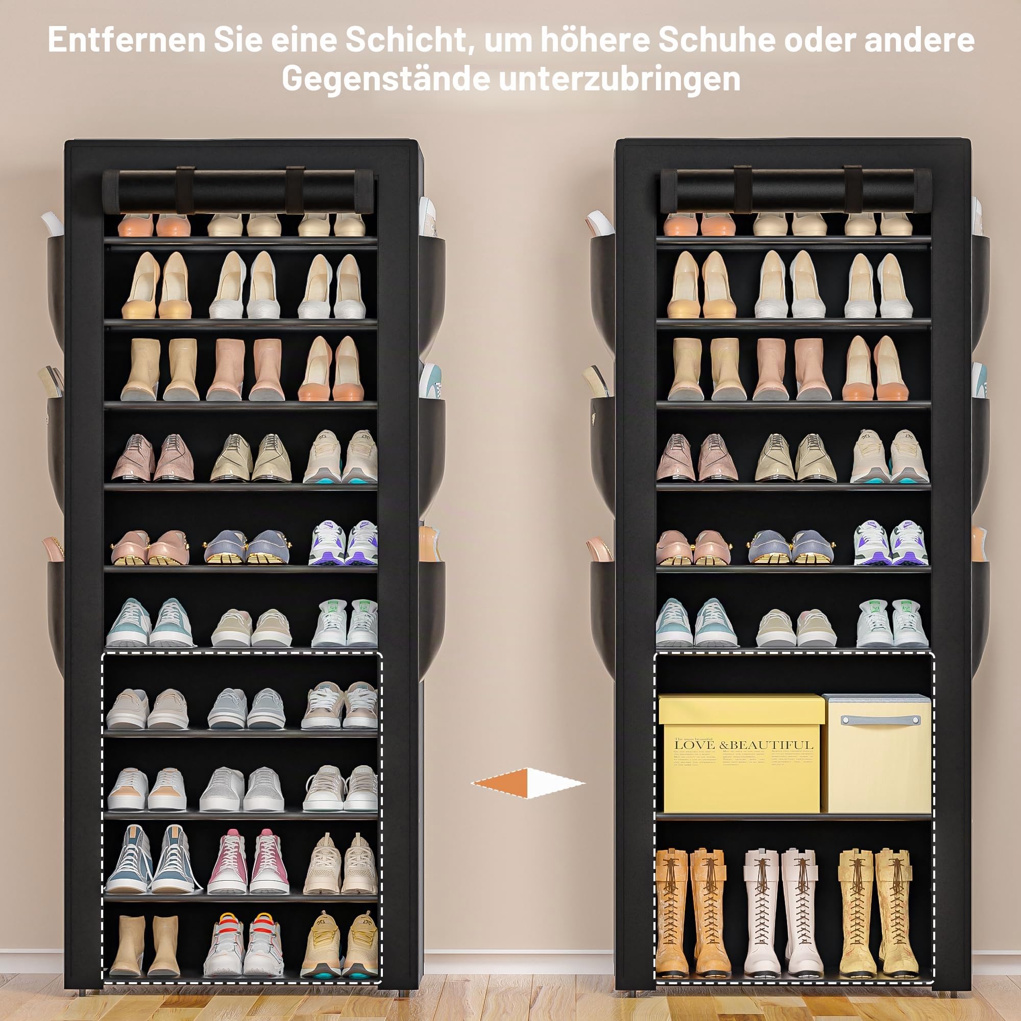OYREL Schuhregal 10-Etagen, hoch, 36-41 Paare mit 6 großen Taschen, große Lagerkapazität, staubdichte Schuhaufbewahrung für Schrank, Eingangsbereich, robustes schwarzes Schuh-Organizer-Ständerregal