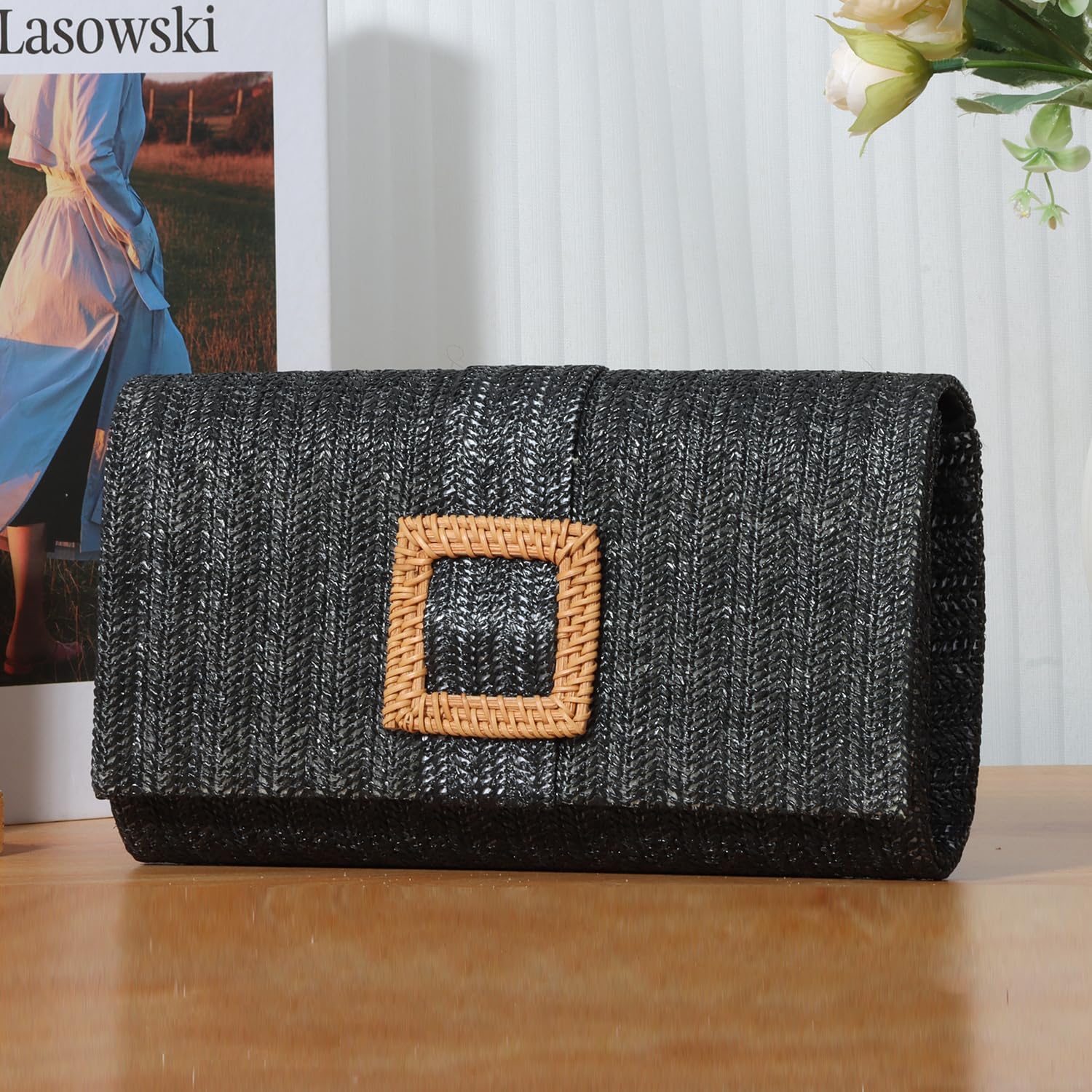 Straw Clutch Purse for Women Rattan Summer Evening Handbag Woven Beach Envelope Purse Raffia Handbag - Image 2