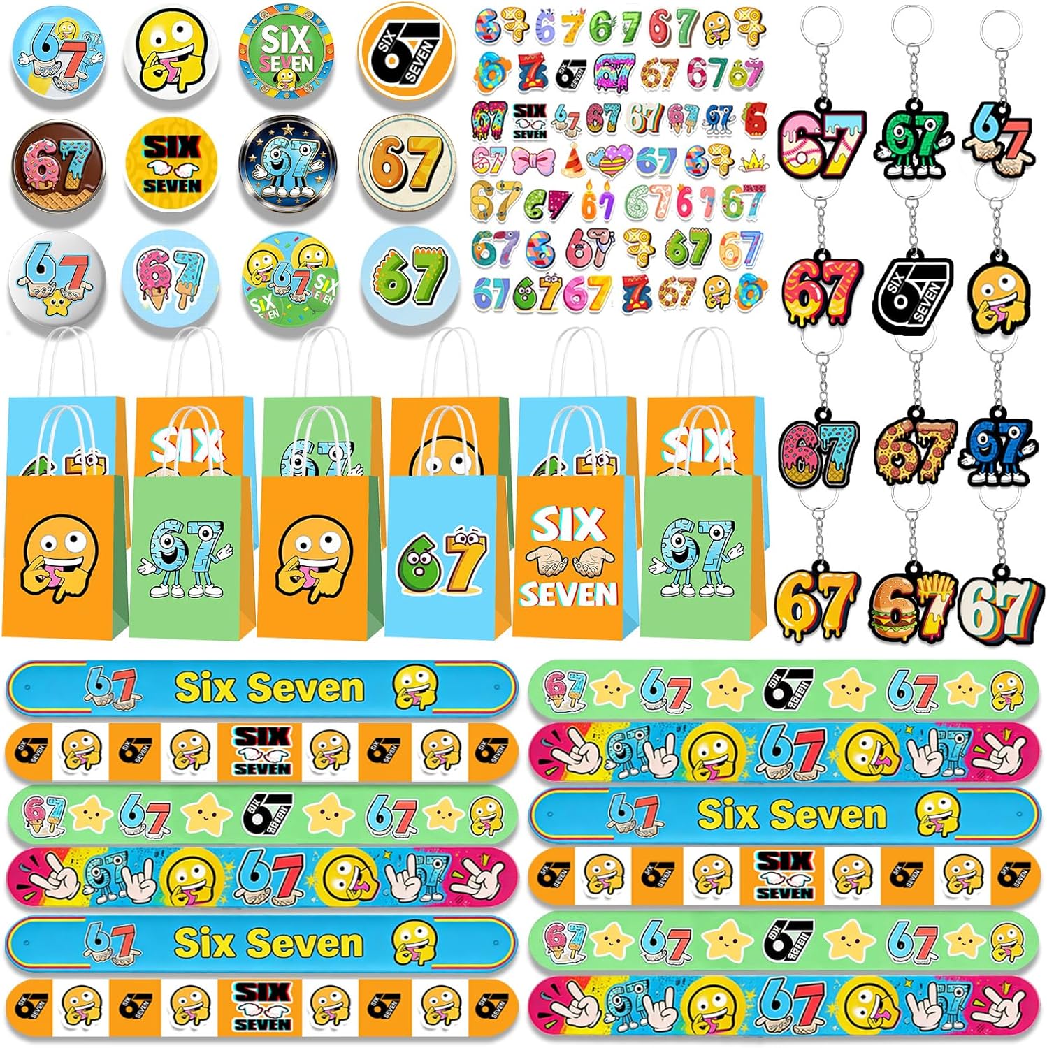 98 PCS 6 7 Party Favors, 6-7 Birthday Party Favors Supplies with Keychain Sticker Slap Bracelets Pinback Buttons Goodie Favor Candy Bags for 6 7 Birthday Party Decorations